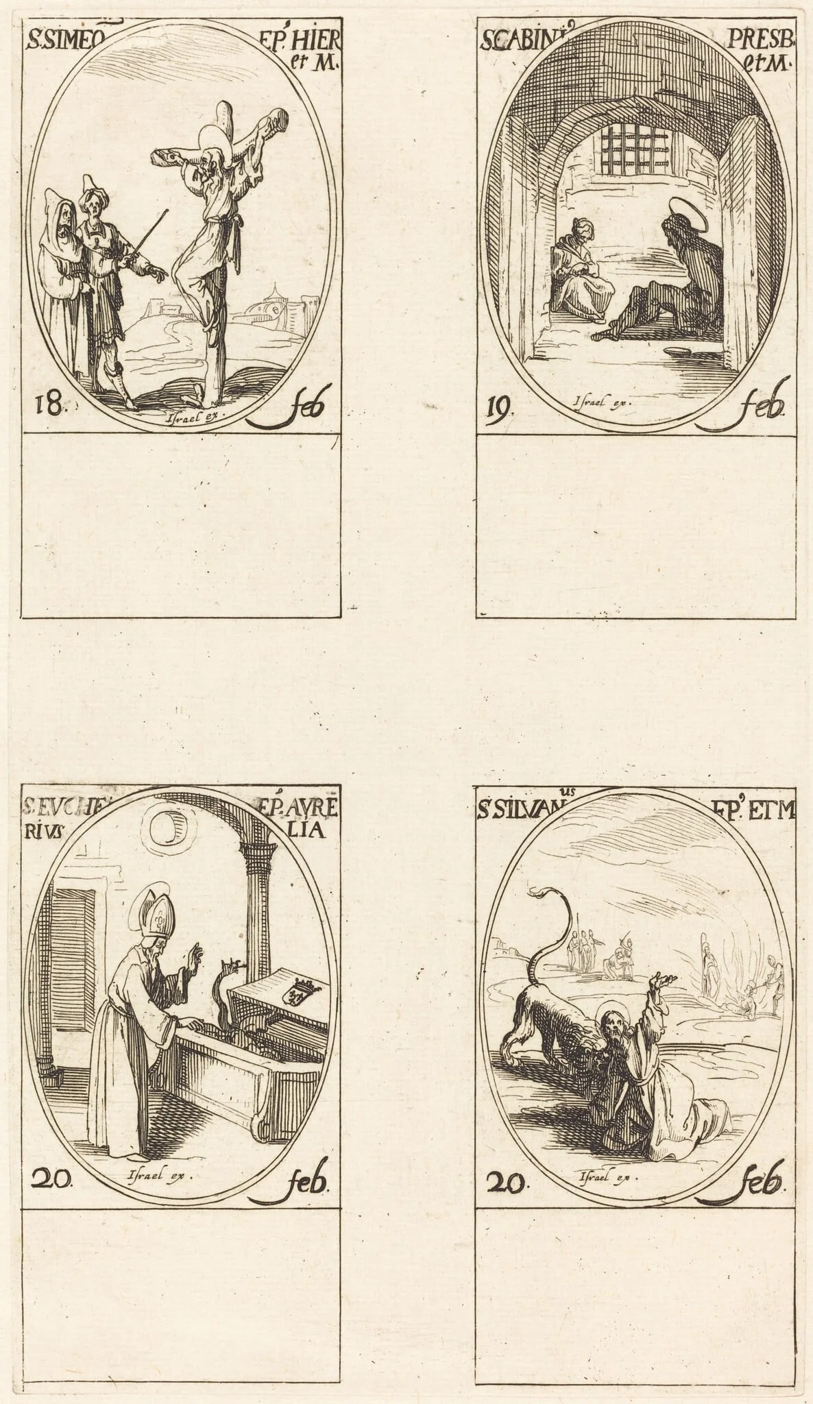St. Simeon; St. Gabinius; St. Eucharius; St. Silvanus, by Jacques Callot, ink, 1634