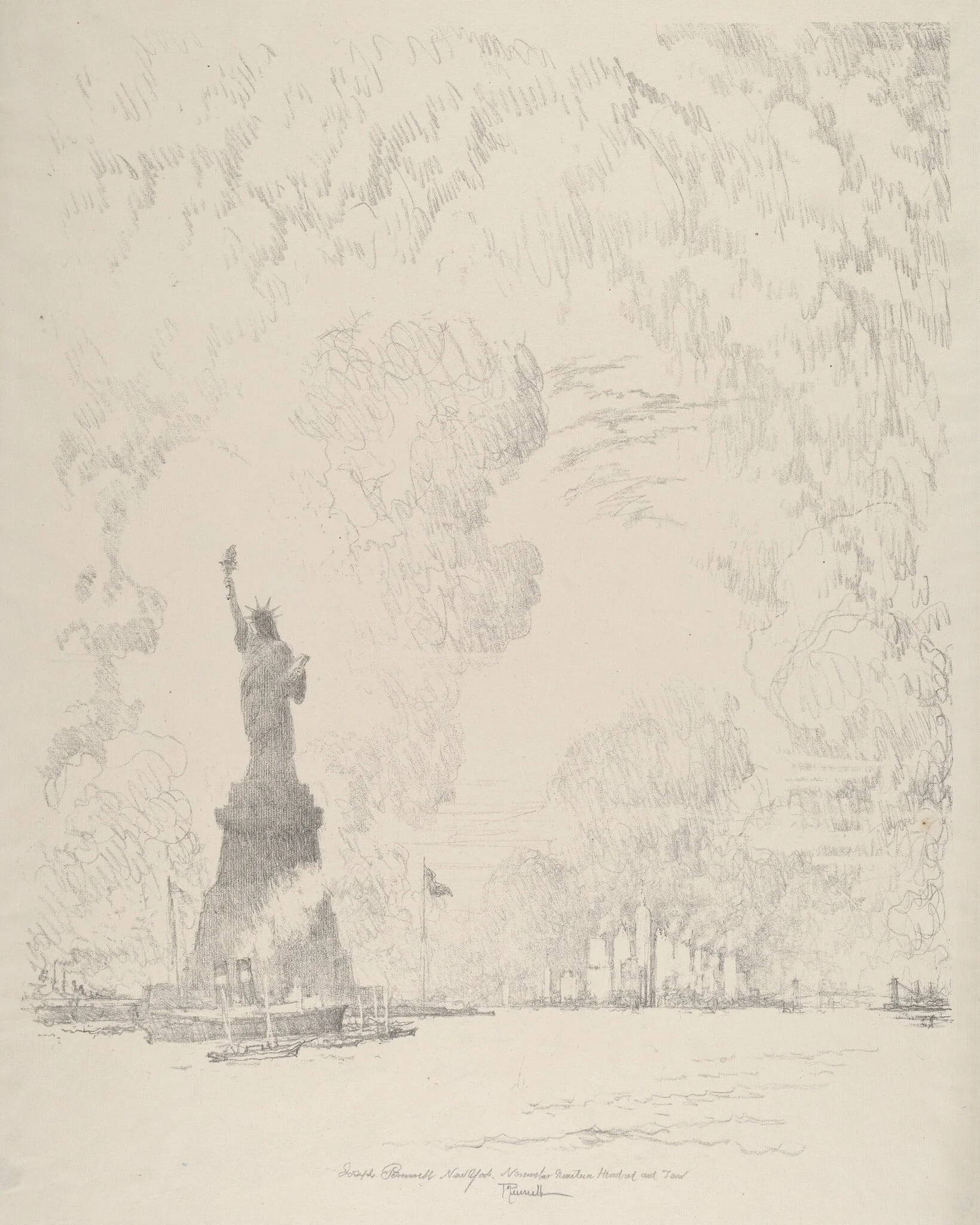 The Statue, New York Bay, by Joseph Pennell, ink, 1910