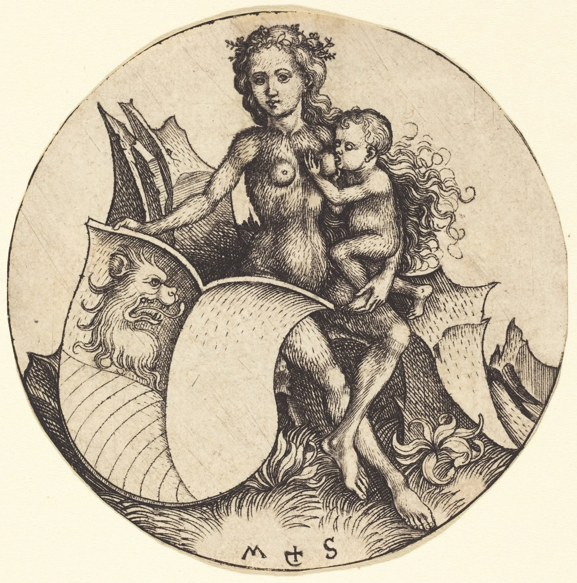 Shield with Lion's Head, Held by Wild Woman, by Martin Schongauer, ink, 1485