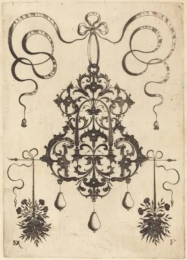 Large Pendant, Lower Left and Right Two Bunches of Grass, Flowers, and Fruit