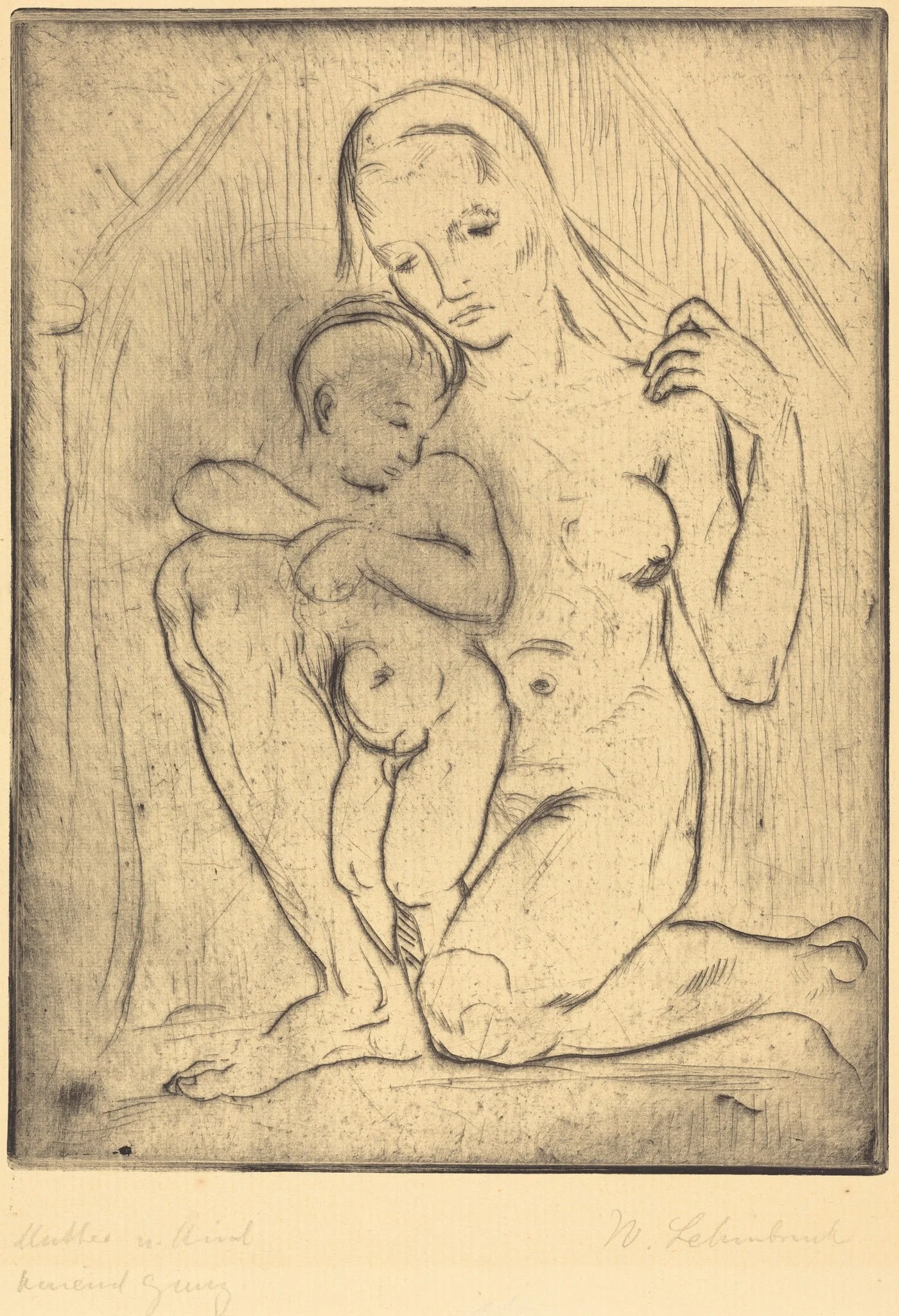 Mutter und Kind (Mother and Child), by Wilhelm Lehmbruck, ink, 1910