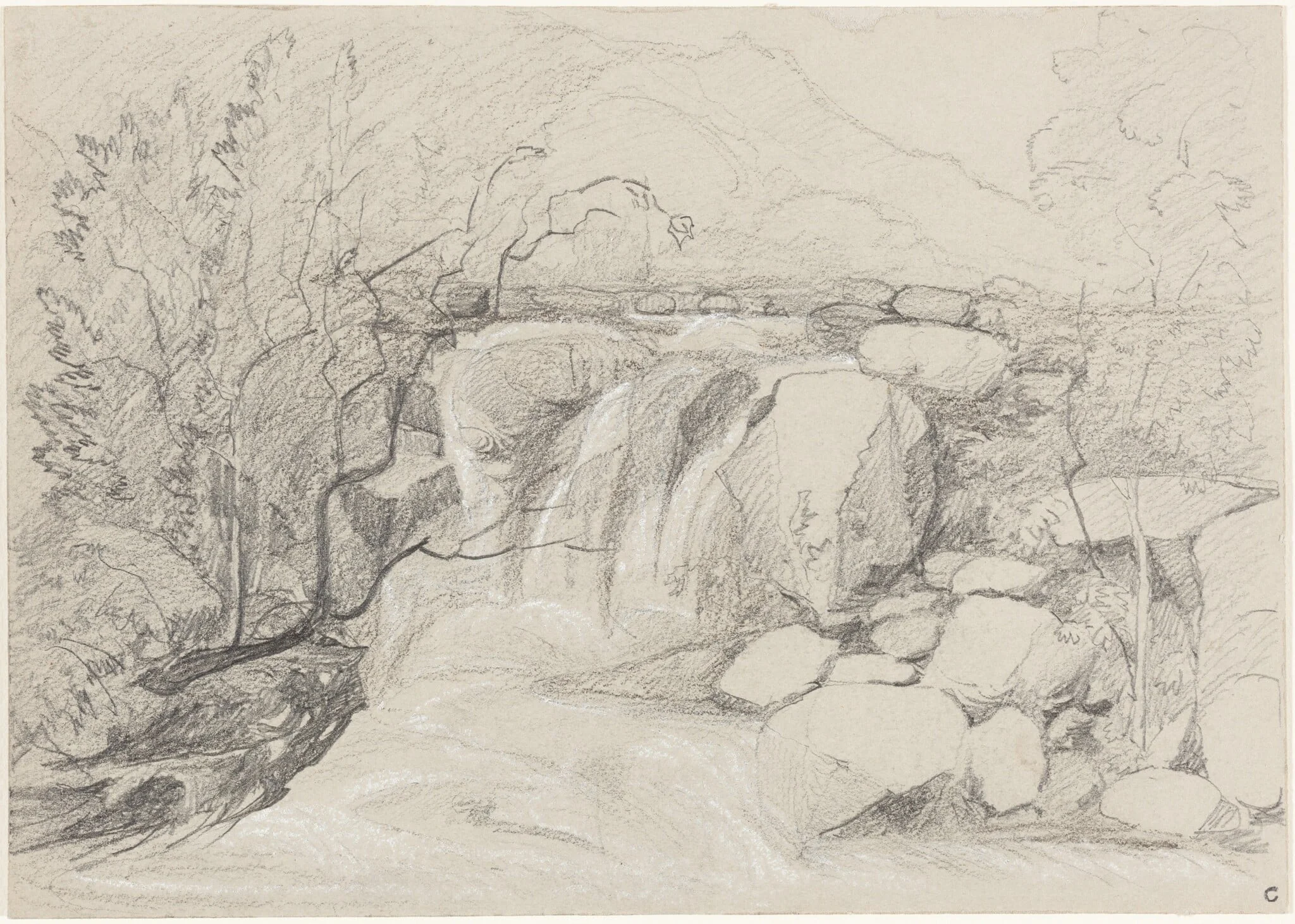 Waterfall with Rocks, by John Sell Cotman, chalk, 1812