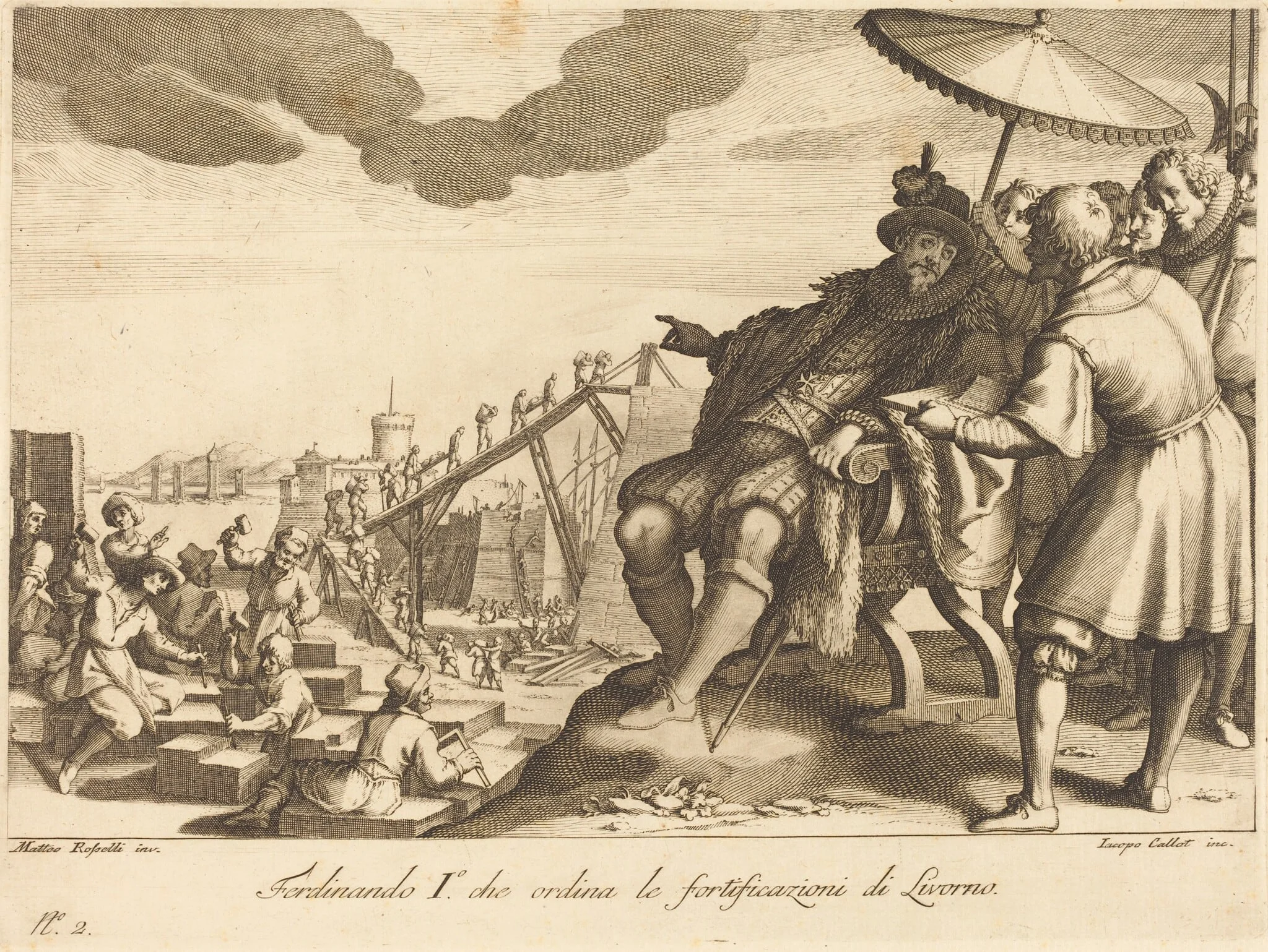 Construction and Fortification of the Port of Livorno, by Jacques Callot, ink, 1614