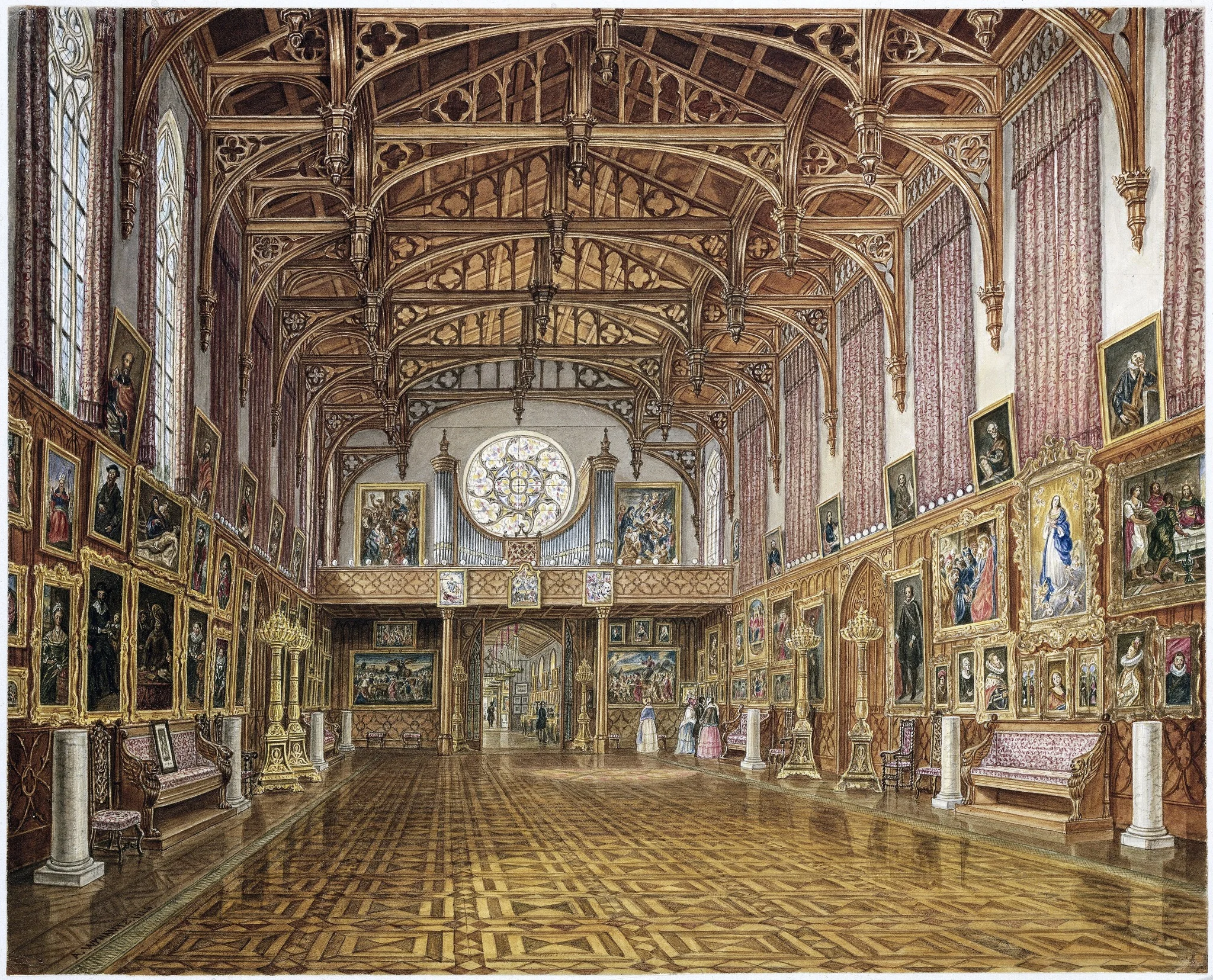 Interior of the Gothic Hall, Kneuterdijk Palace, The Hague, by Augustus Wijnantz, watercolor, 1846