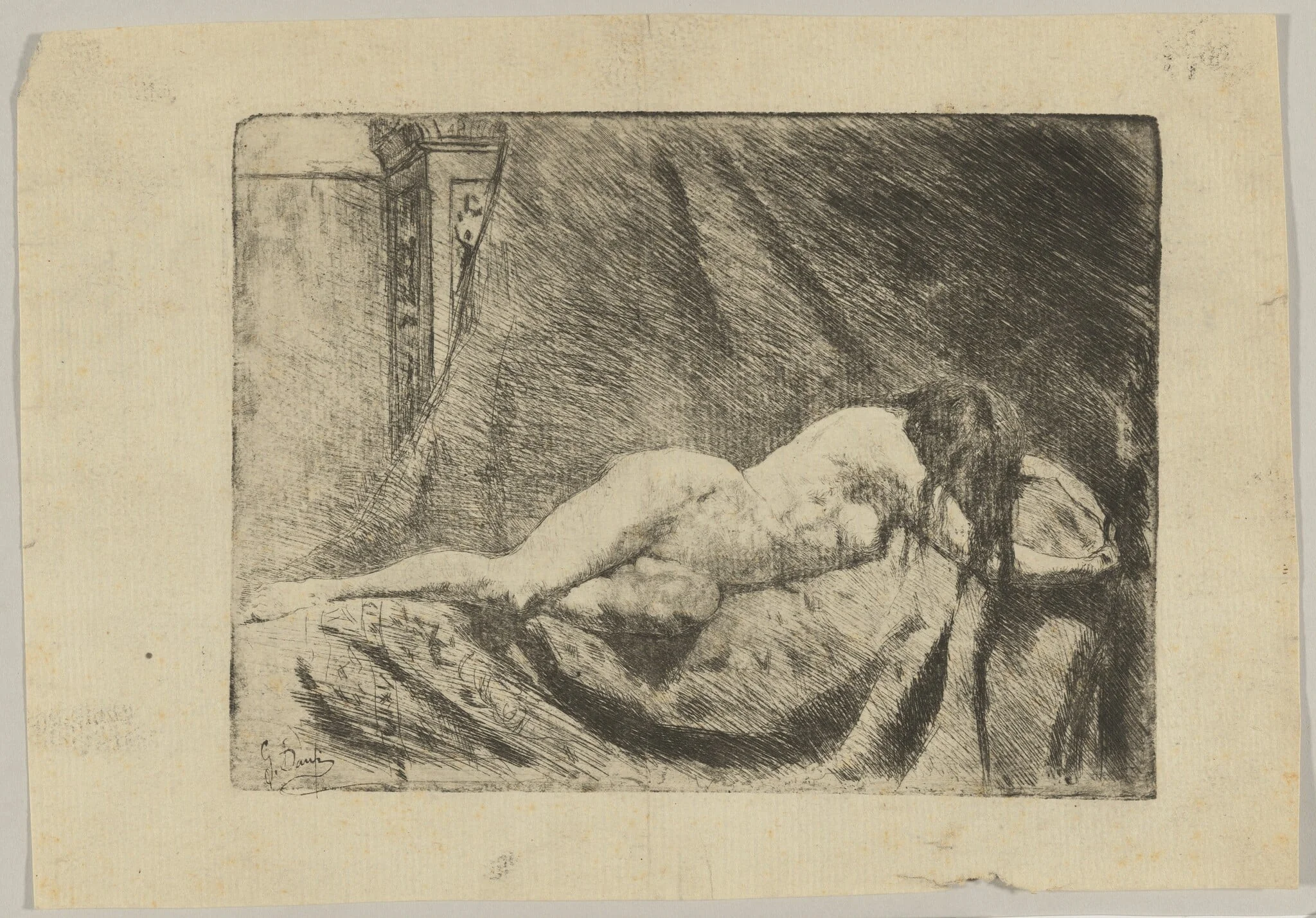 Reclining Female Nude (recto); Architectural Design (verso), by Gioacchino Banfi, graphite, 1878