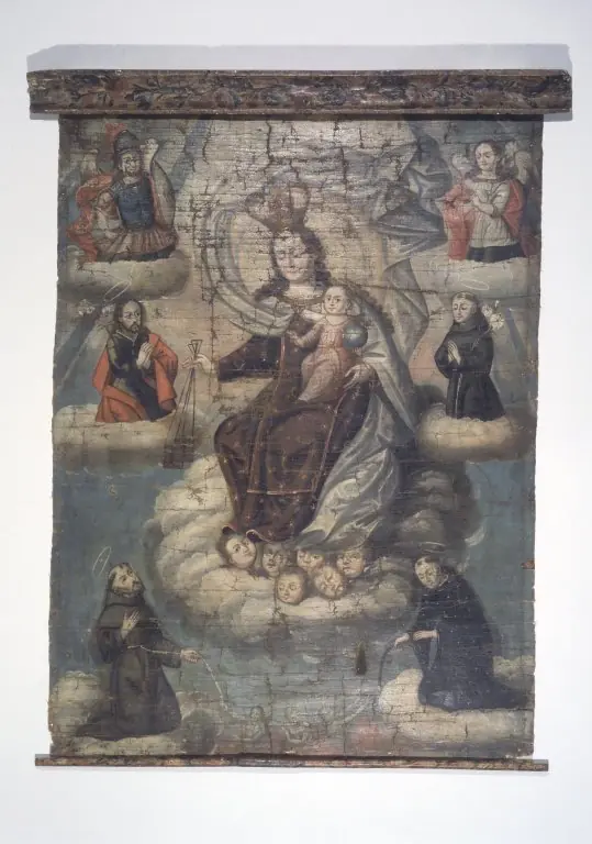 Travelling Scroll depicting the Virgin of Carmel with Saints Michael, Gabriel, Joseph, Anthony of Padua, Francis of Assisi, Nicholas Tolentino
