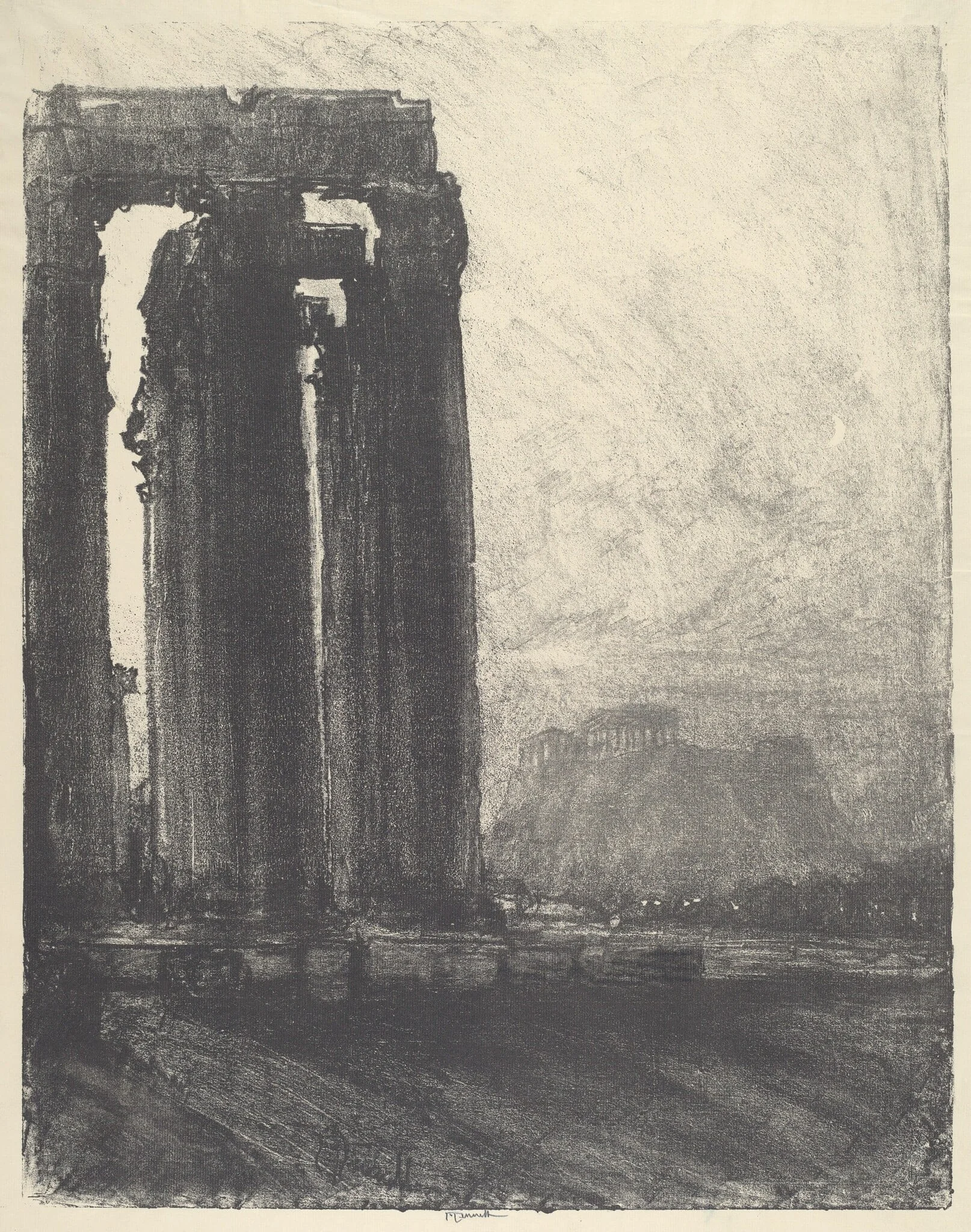 Temple of Jupiter, Evening, by Joseph Pennell, ink, 1913