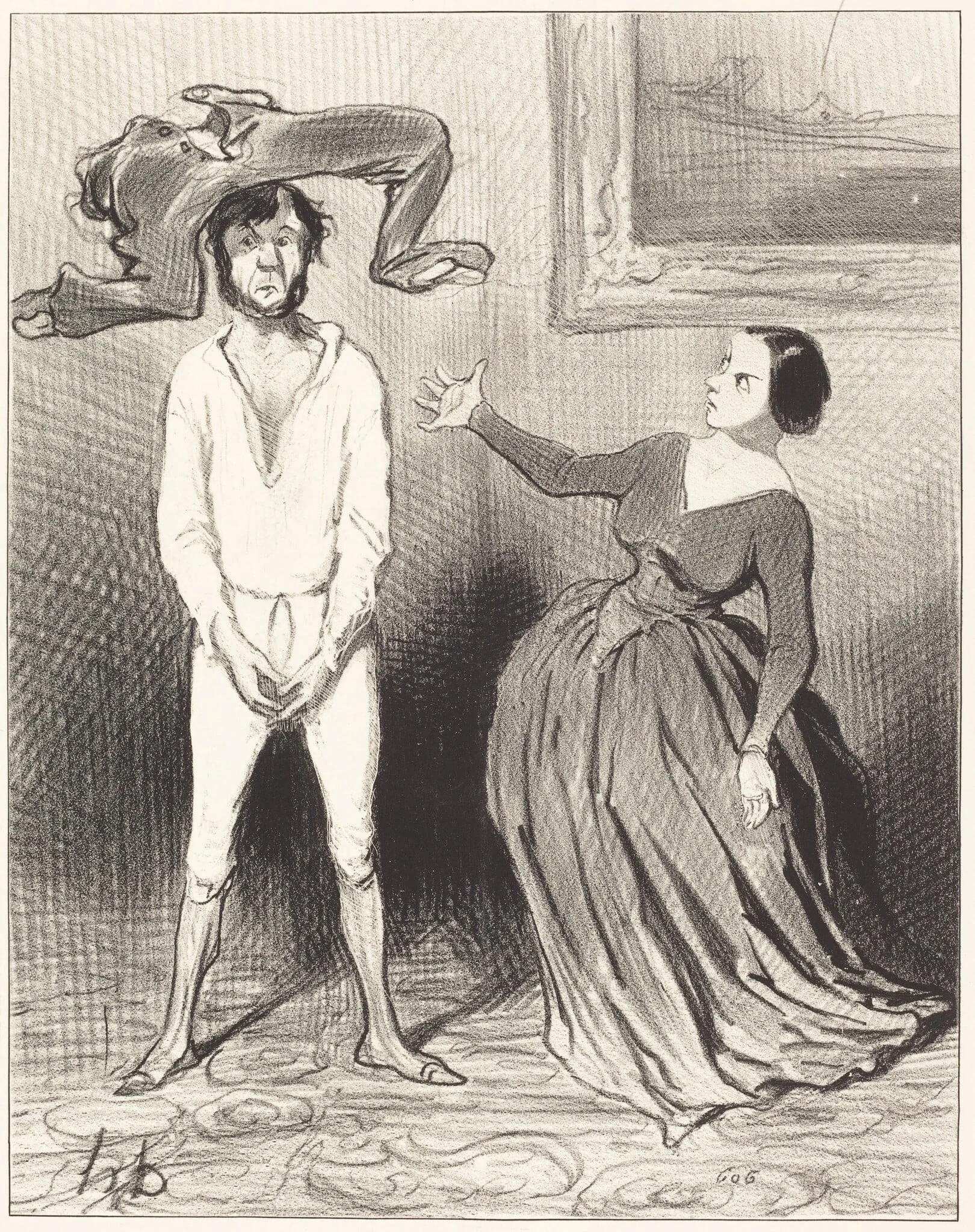 Une Femme comme moi... remettre un bouton?..., by Honoré Daumier, ink, 1844