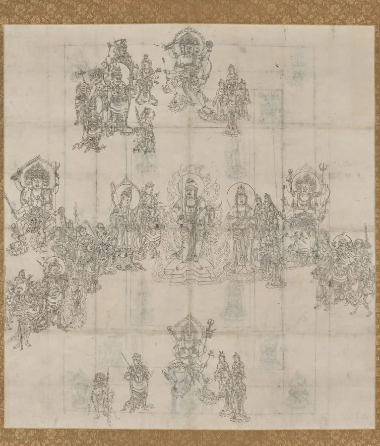 Iconographical Sketch (Zuzō) for the "Benevolent Kings Sutra Mandala", by Unknown, unspecified, 1104