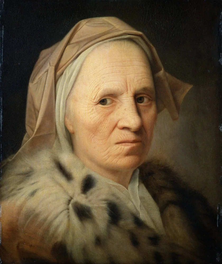 Alte Frau mit violettem Kopftuch, by Balthasar Denner, oil, 1720