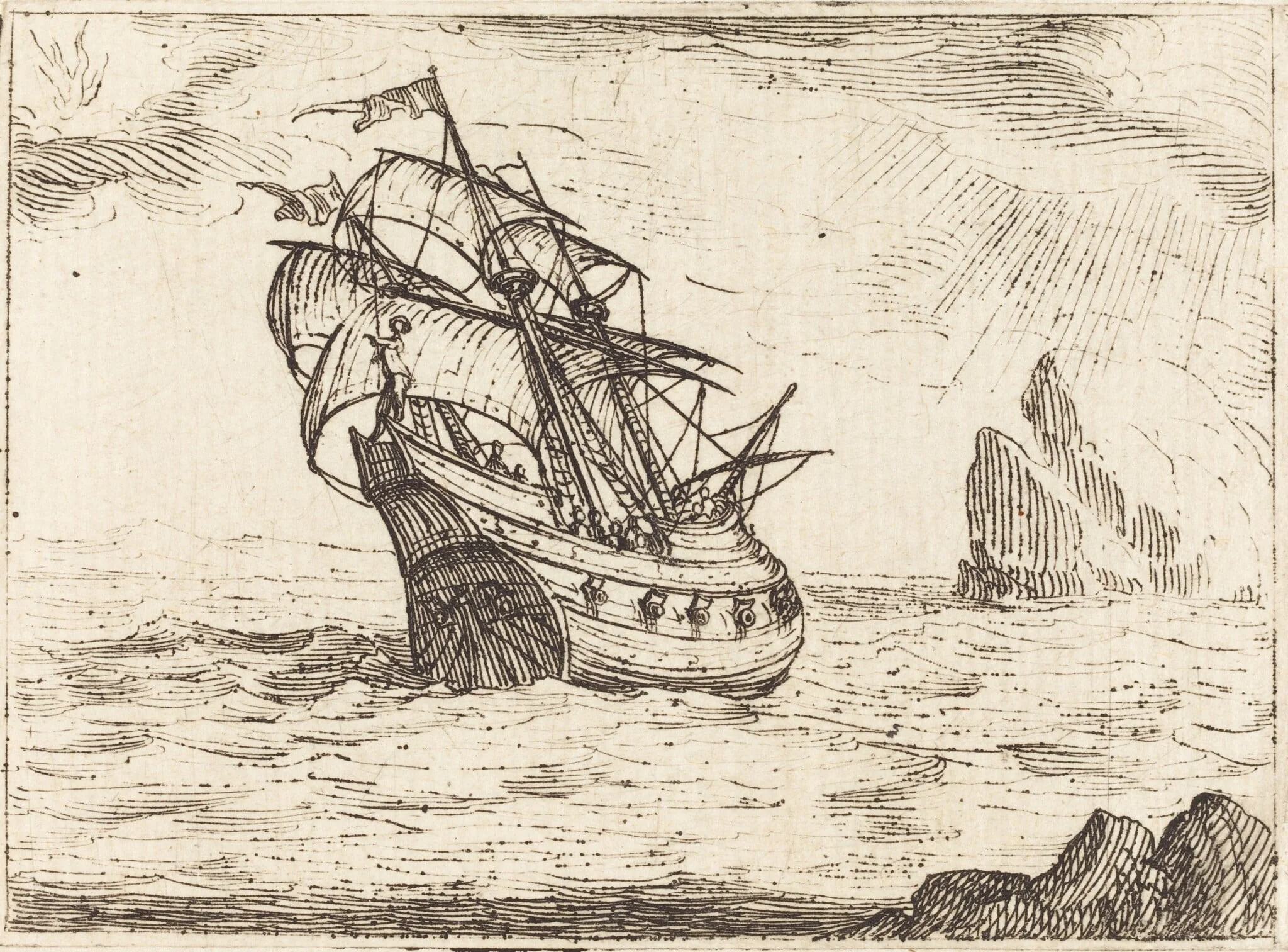 Ship Navigating Near Rocks