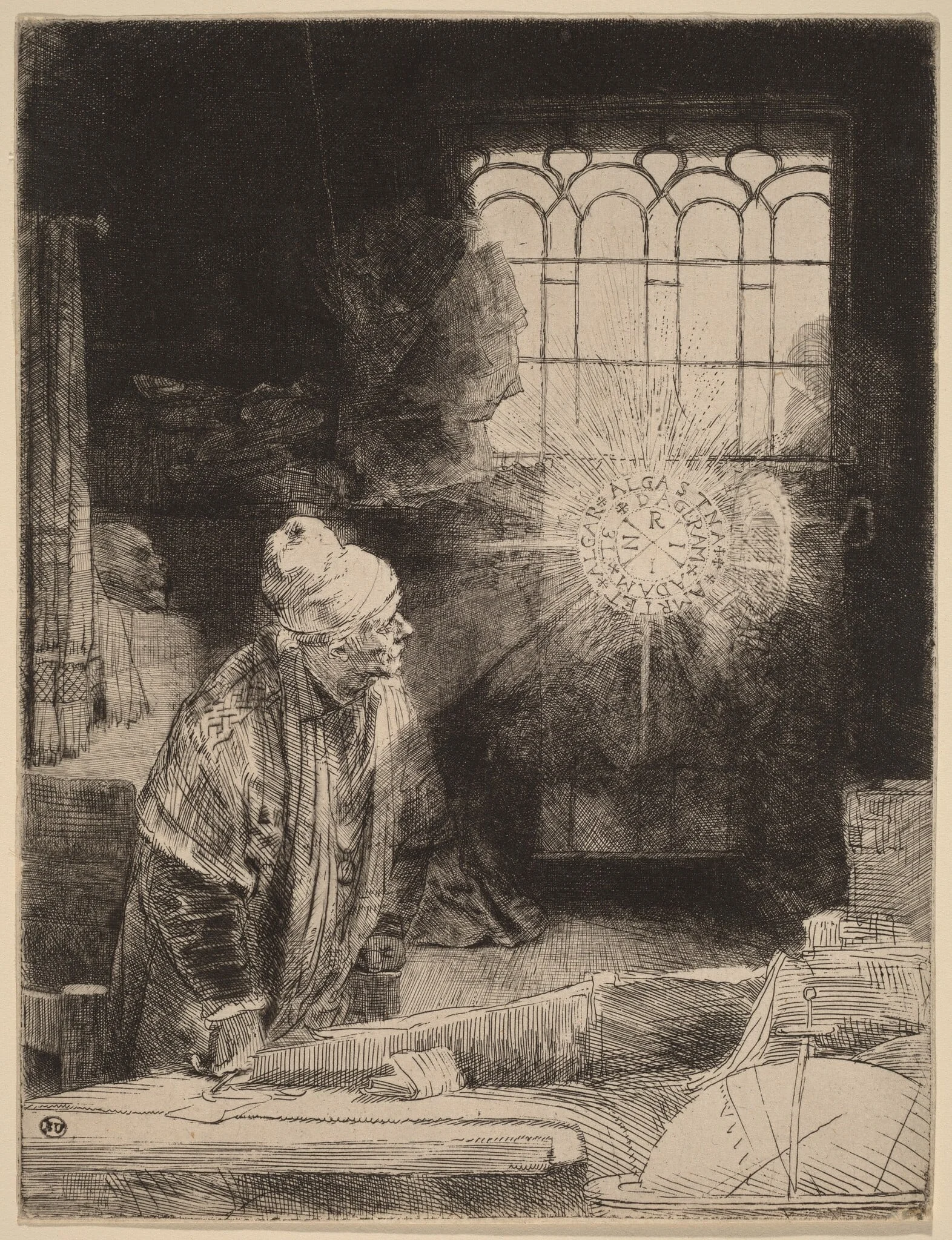 Faust, by Rembrandt, ink, 1652