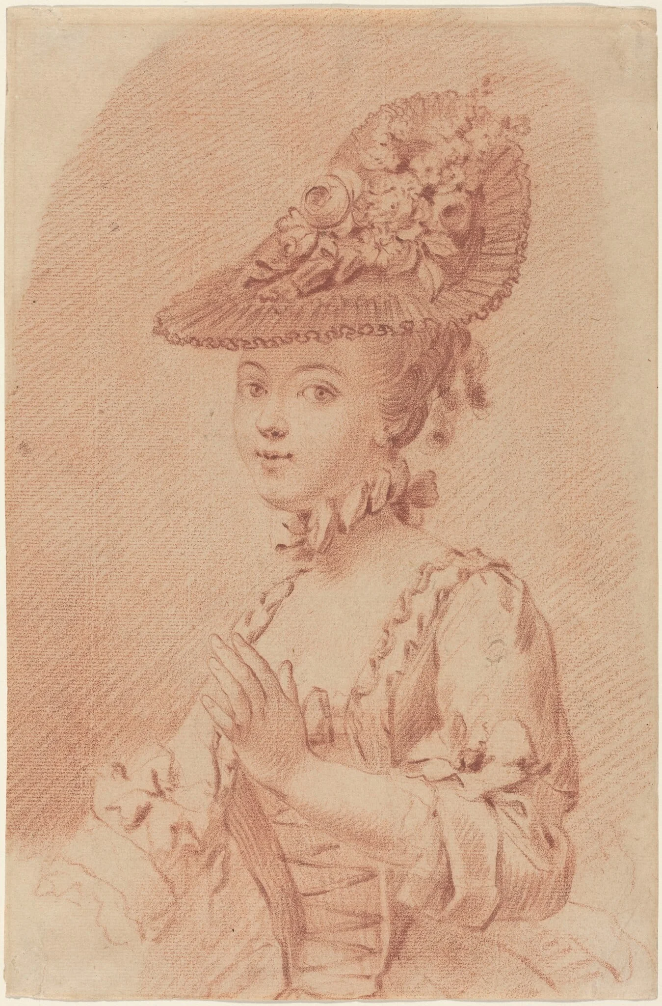 A Young Girl Wearing a Flowered Hat, by French 18th Century, chalk, 1750
