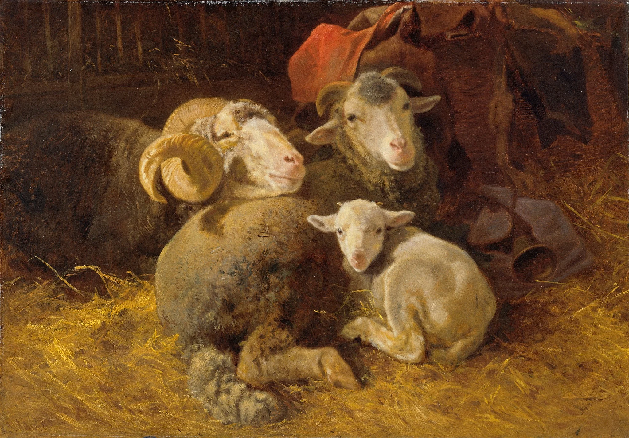 Schafe im Stall, by Anton Schrodl, oil, 1870