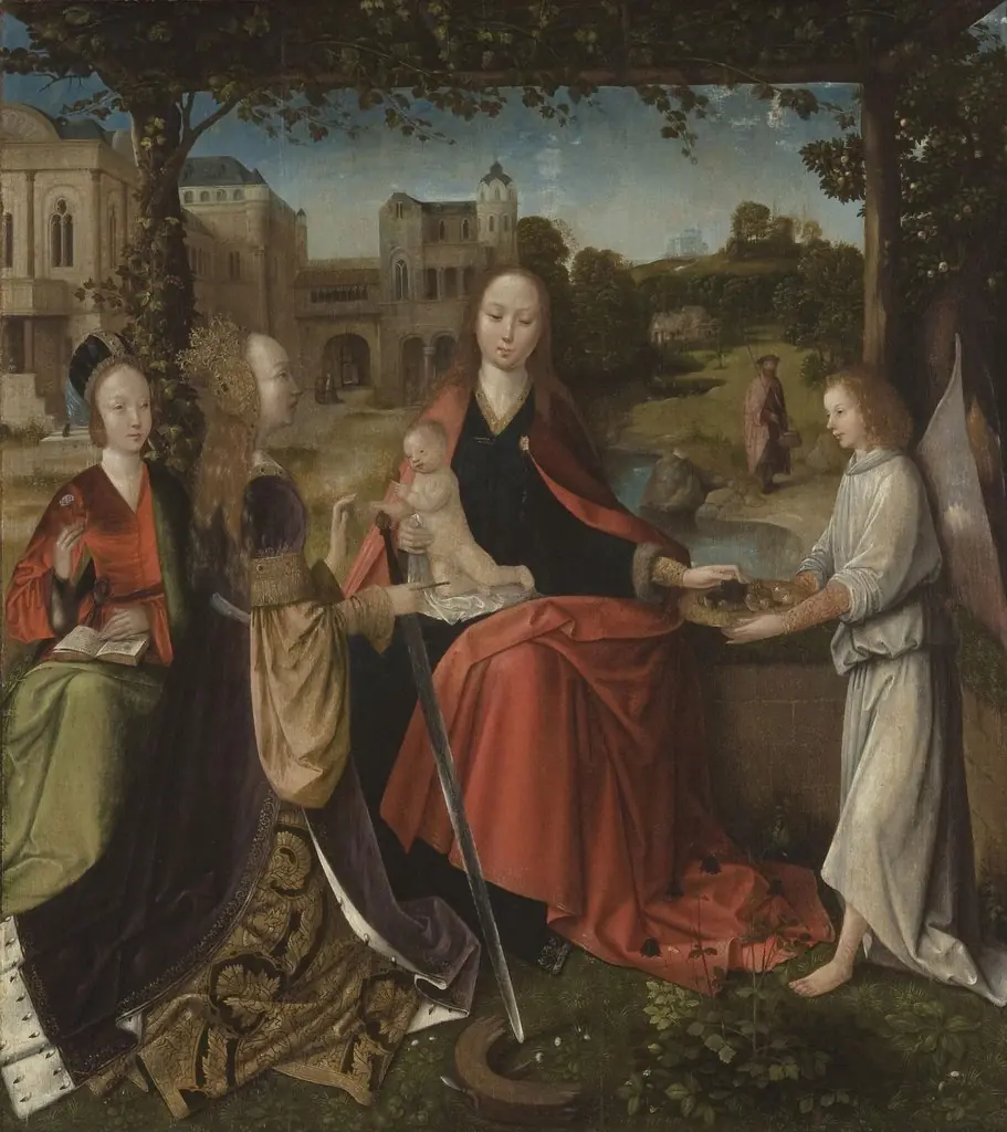 Virgin and Child, with Saint Catherine of Alexandria, a Female Saint, and an Angel