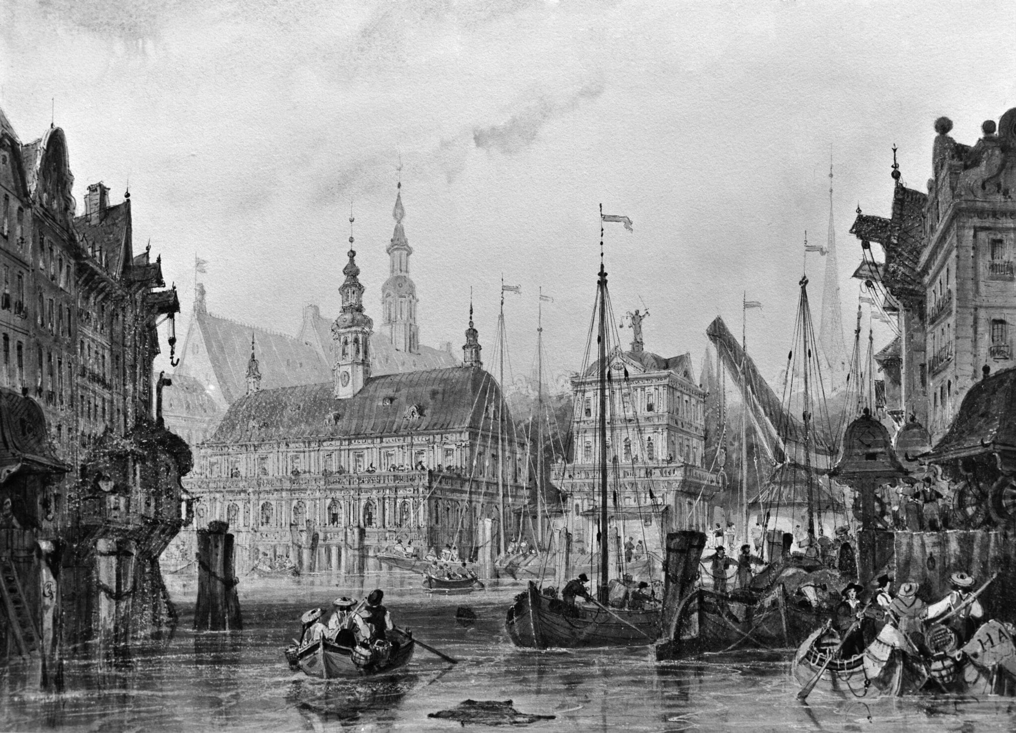 Hamburg, showing the Rathaus and the Old Exchange, by Unknown, watercolor, 1830