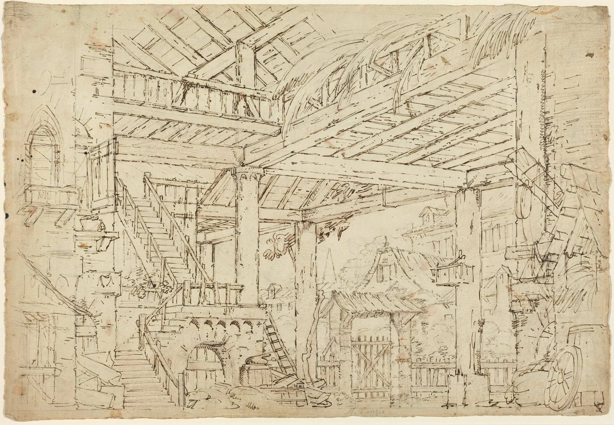 Interior of a Barn Built on Ancient Ruins, by Michele Canzio, ink, 1828