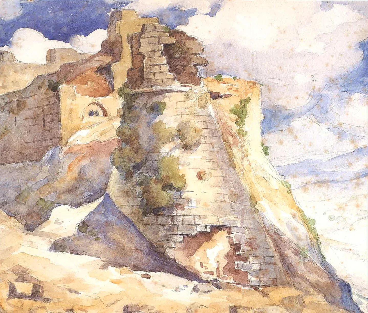 Beaufort Castle, by Moustafa Farroukh, watercolor, 1940