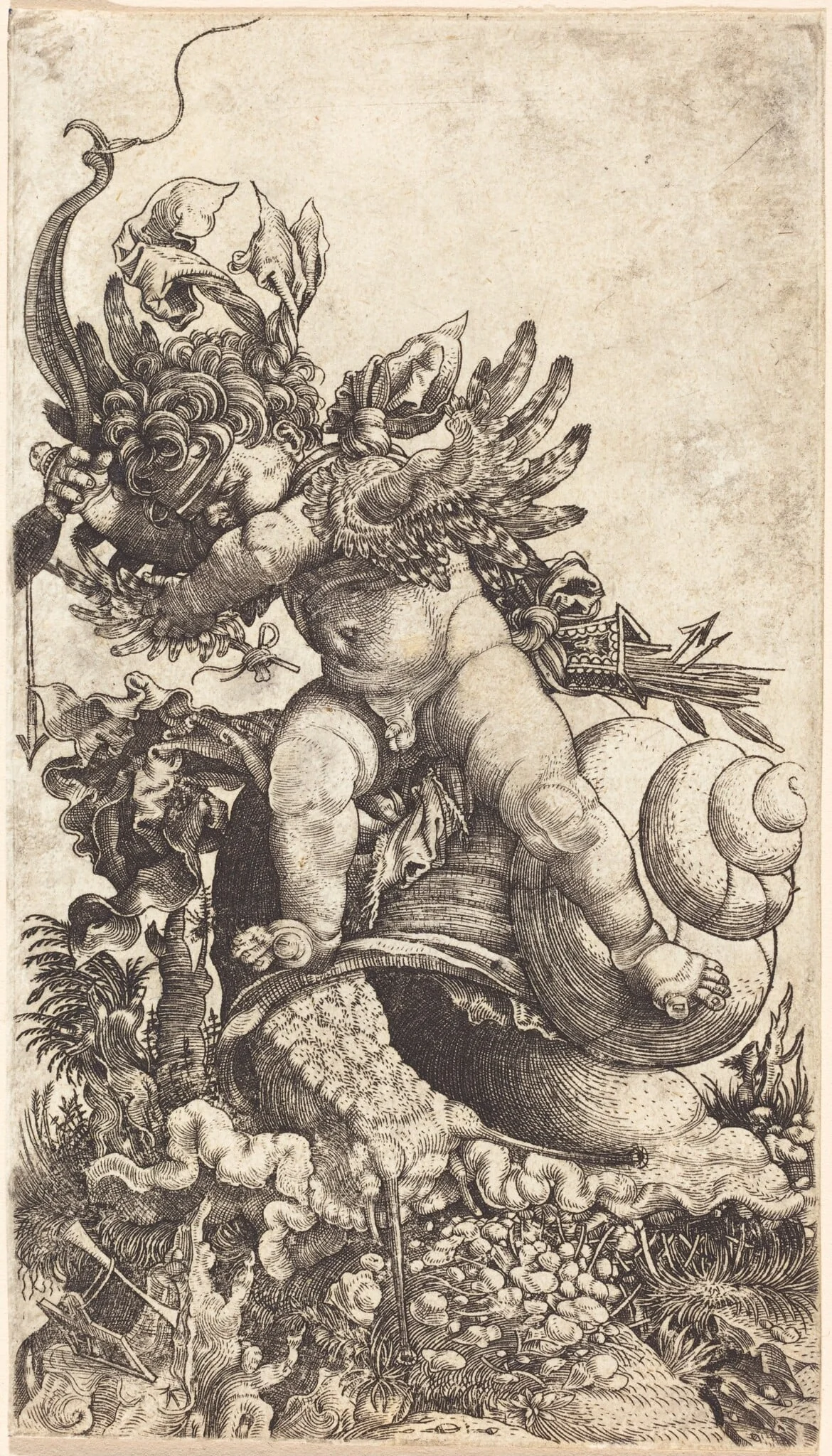 Cupid Riding a Snail over Fungus Vegetation, by Master H.L., ink, 1533
