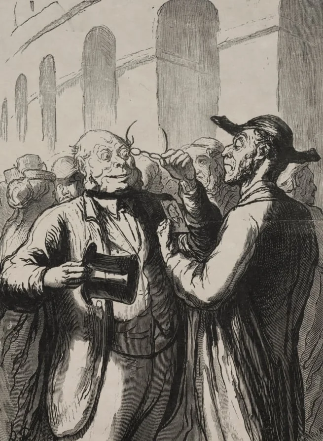 At the Universal Exhibition: Security check at the entrance: the bald need to lift their hats, and the short-sighted need to remove their glasses., by Honoré Daumier, 1867