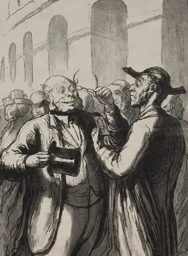 At the Universal Exhibition: Security check at the entrance: the bald need to lift their hats, and the short-sighted need to remove their glasses.