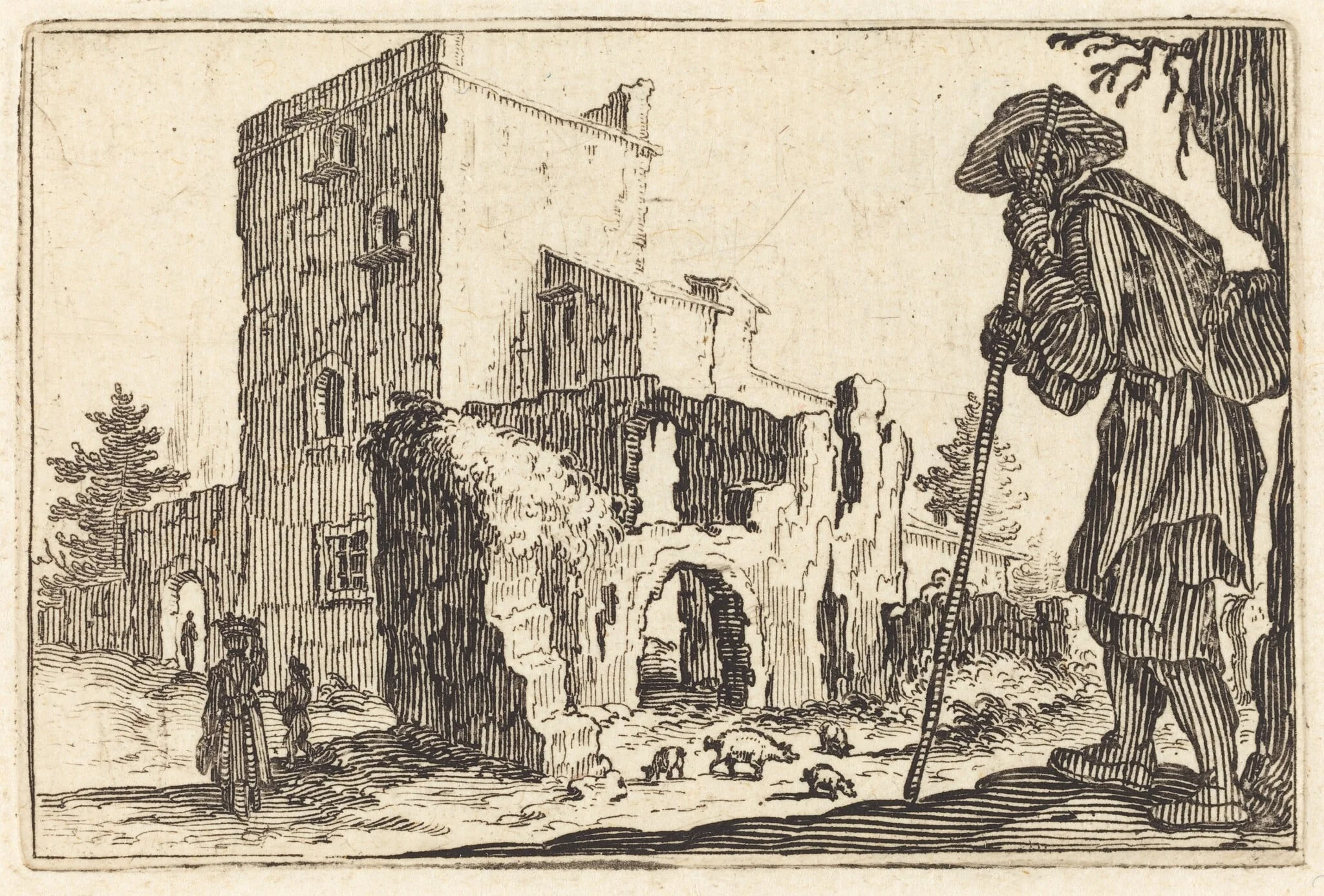 Shepherd and Ruins, by Jacques Callot, ink, 1622