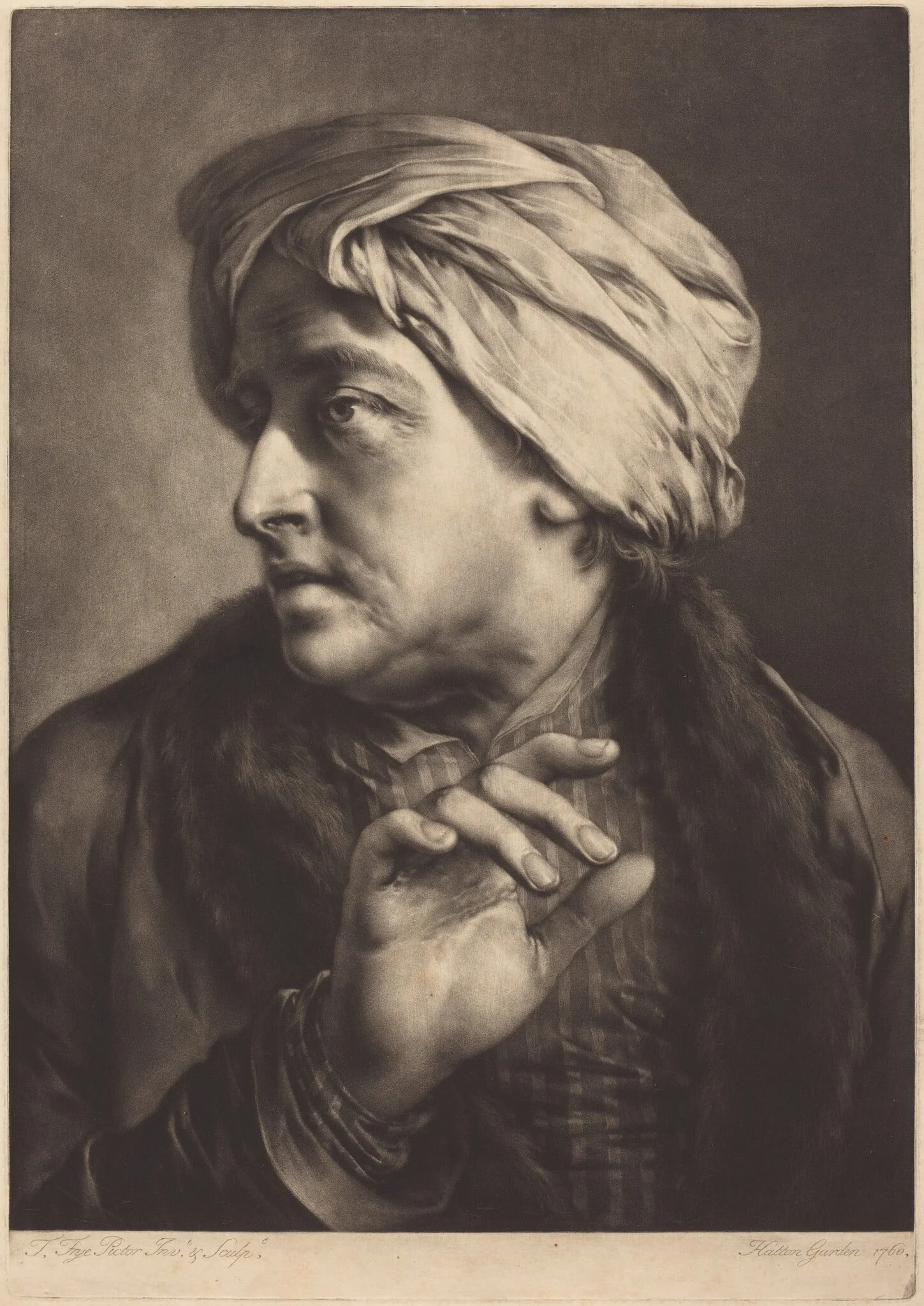 A Man with a Turban and Striped Shirt, by Thomas Frye, ink, 1760