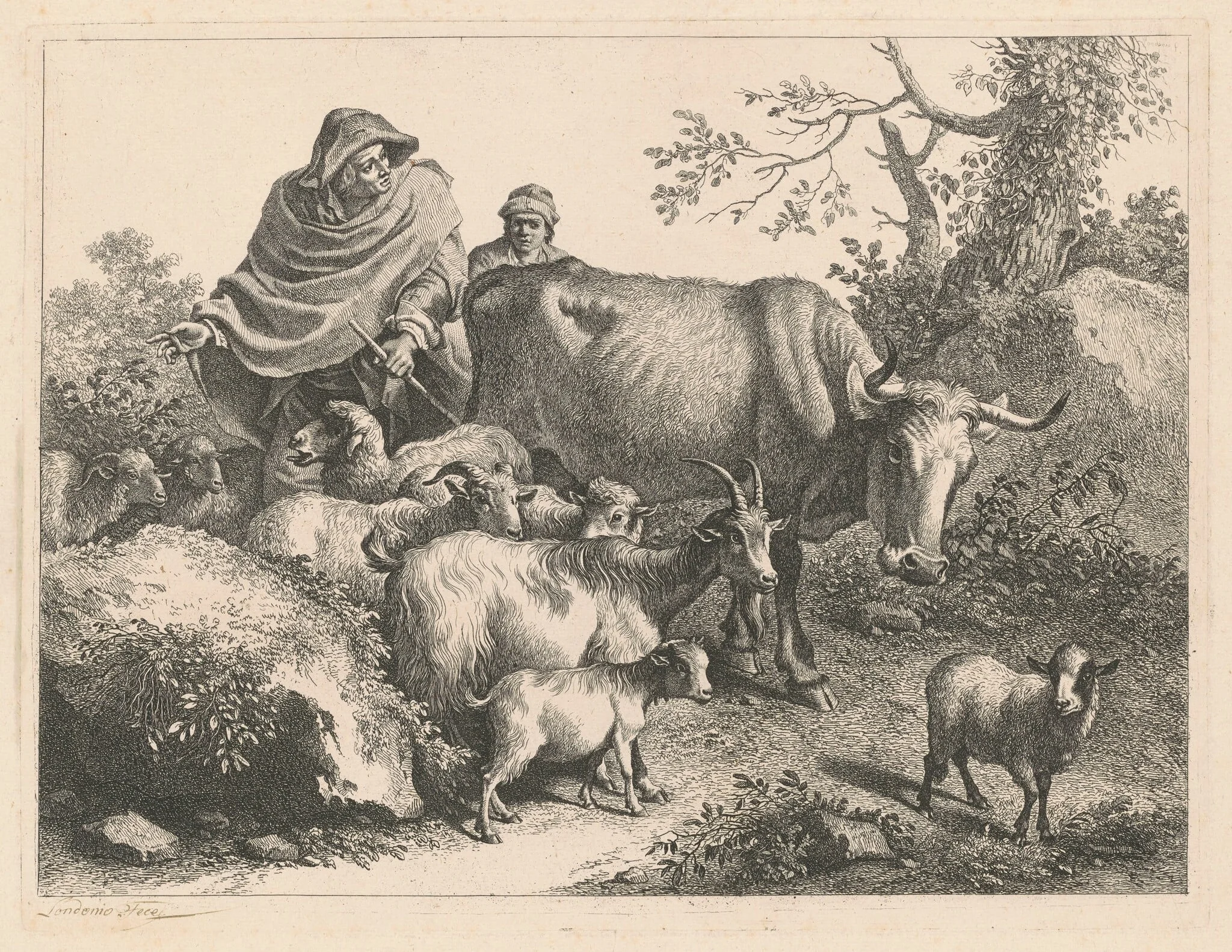 Shepherd Wearing a Cape Driving a Flock, by Francesco Londonio, ink, 1776