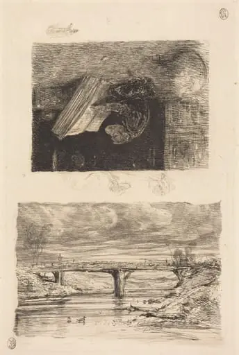 River Landscape with a Bridge; Monkey Paging through a Book