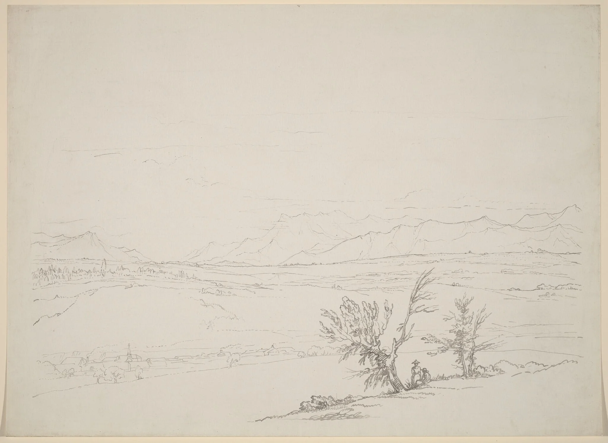 An Alpine Landscape with a Couple Seated by Trees Overlooking a Valley, by Benjamin West, ink, 1762