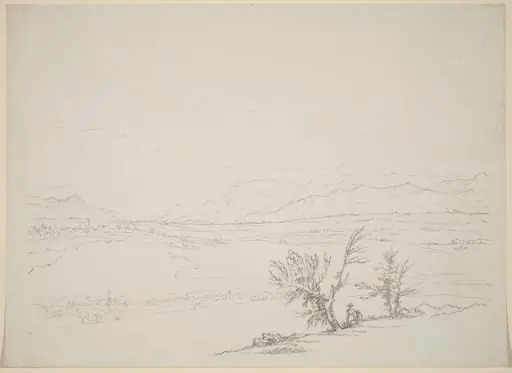 An Alpine Landscape with a Couple Seated by Trees Overlooking a Valley