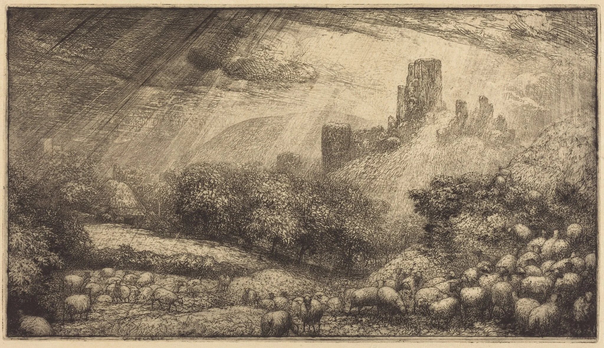 Corfe Castle: Effect of Sunshine after Rain, by John Charles, Sir Robinson, ink, 1878