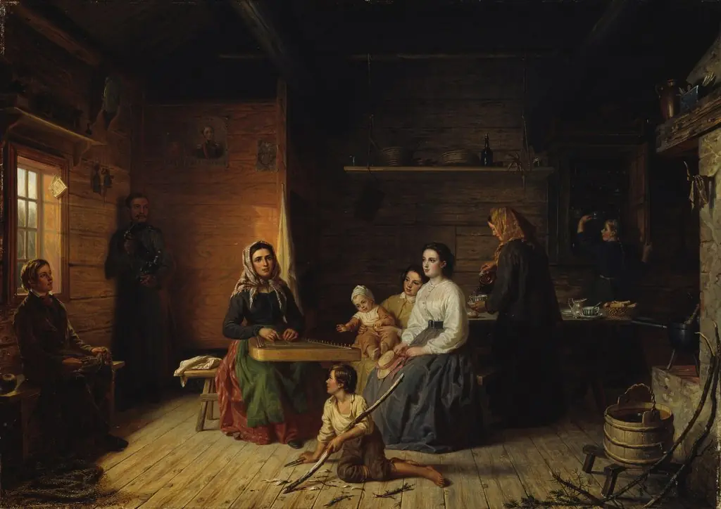 Kreeta Haapasalo Playing the Kantele in a Peasant Cottage