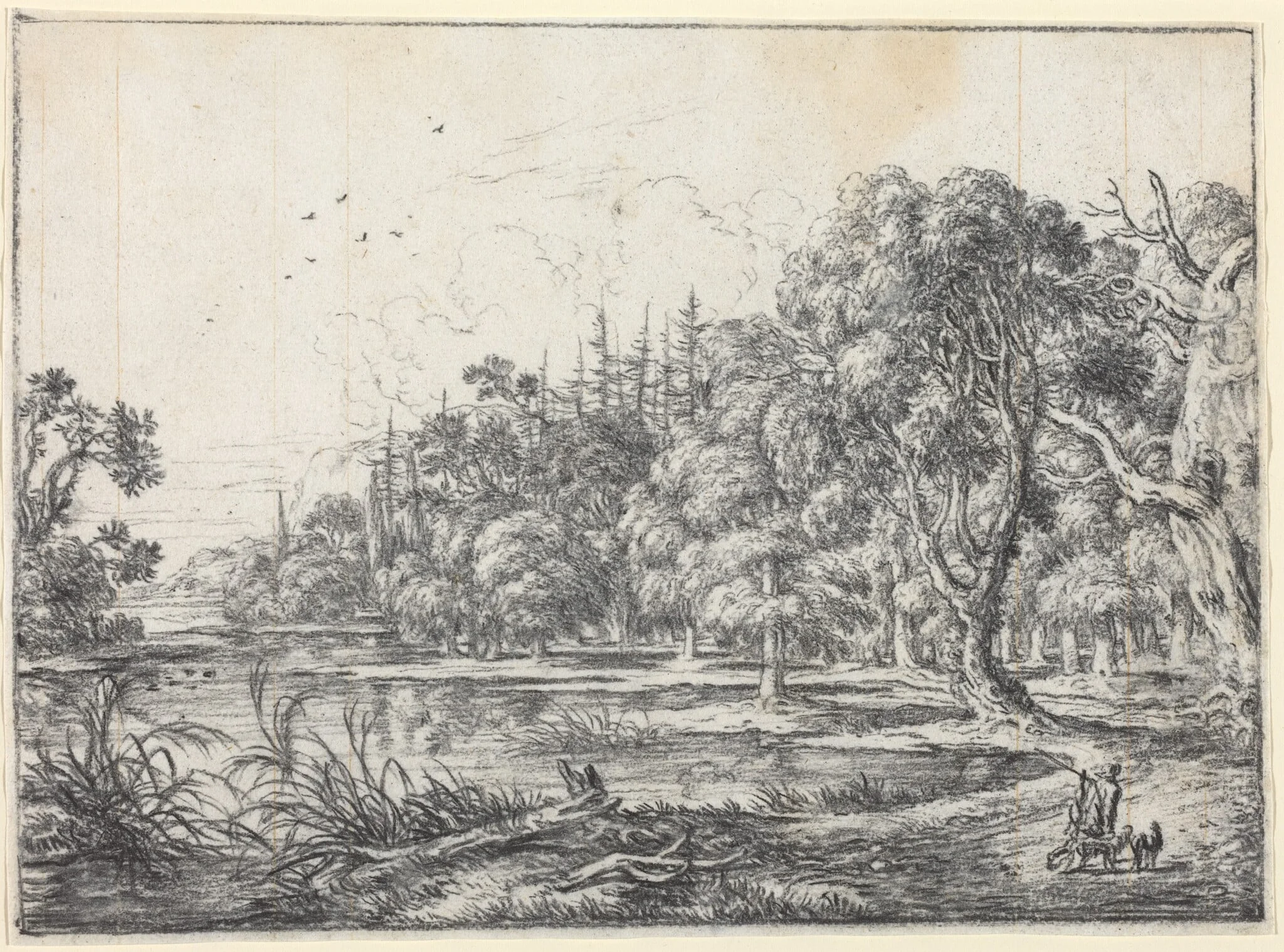 A Woodland Pond with a Hunter, by Jonas Umbach, chalk, 1658