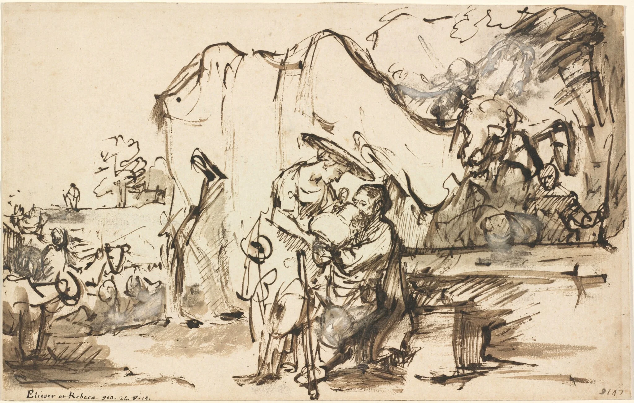 Eliezer and Rebecca at the Well, by Rembrandt, ink, 1644