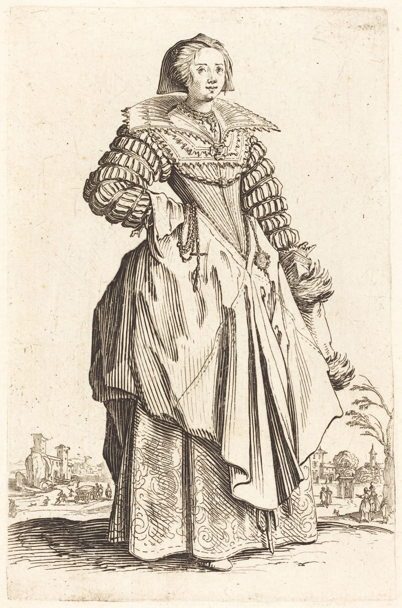 Noble Woman with Large Collar, by Jacques Callot, ink, 1622