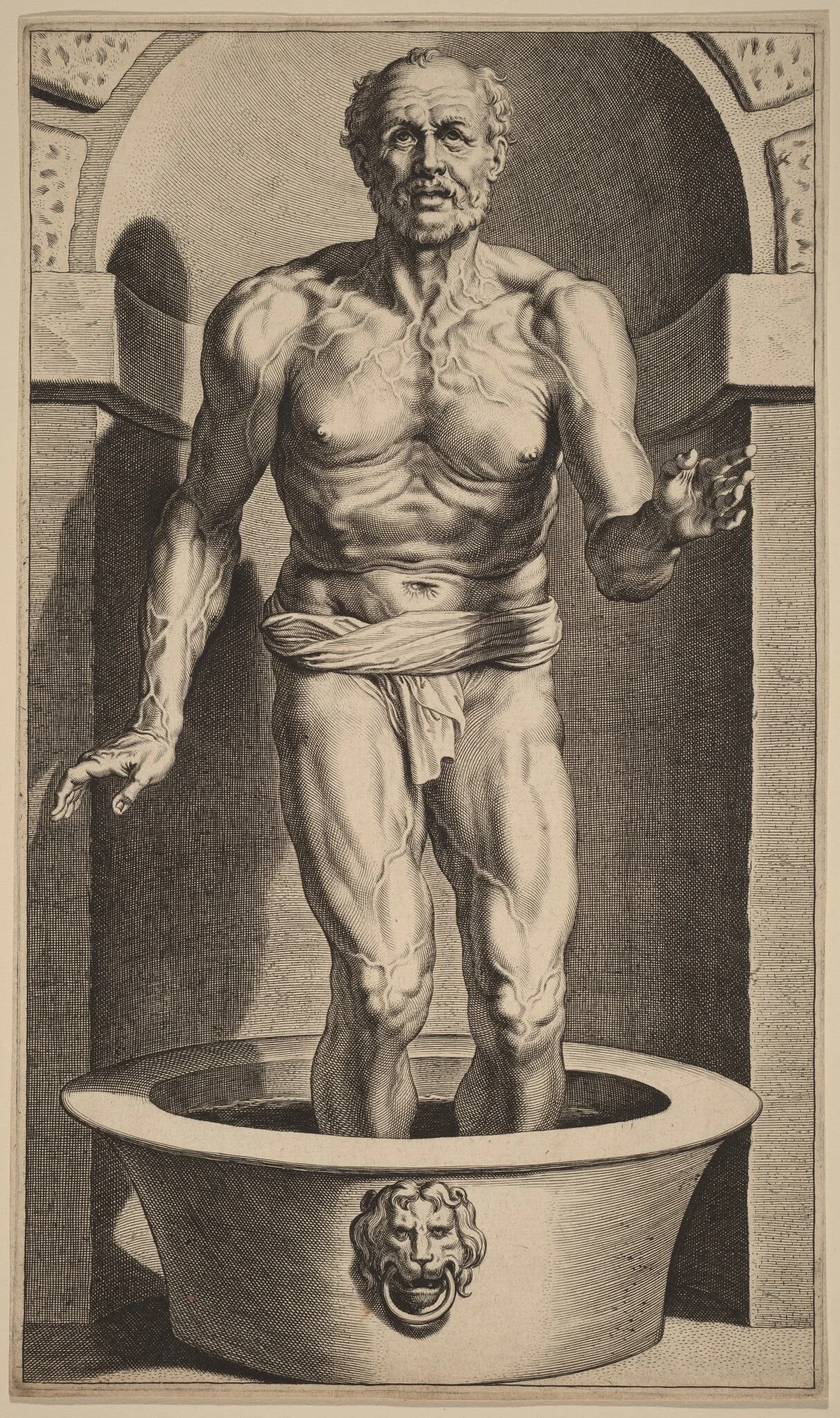 Seneca Standing in the Bath, by Cornelis Galle I, ink, 1613