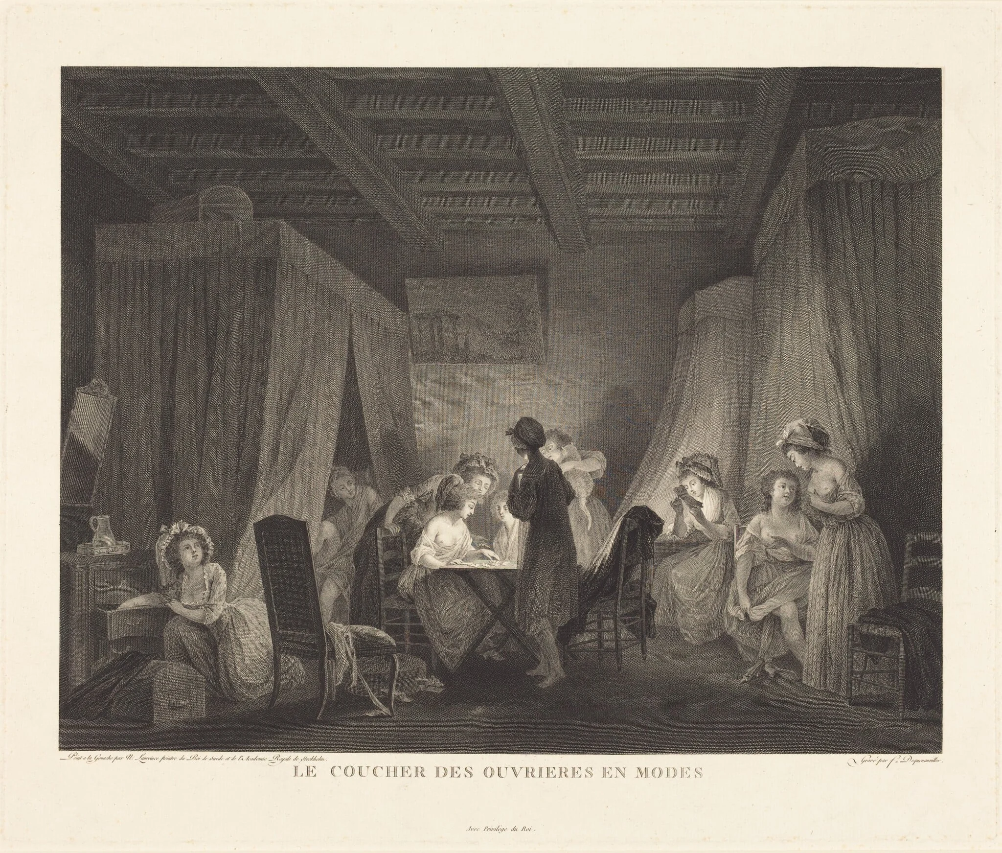 Le coucher des ouvrieres en modes, by Francois-Nicolas-Barthelemy Dequevauviller, ink, 1788
