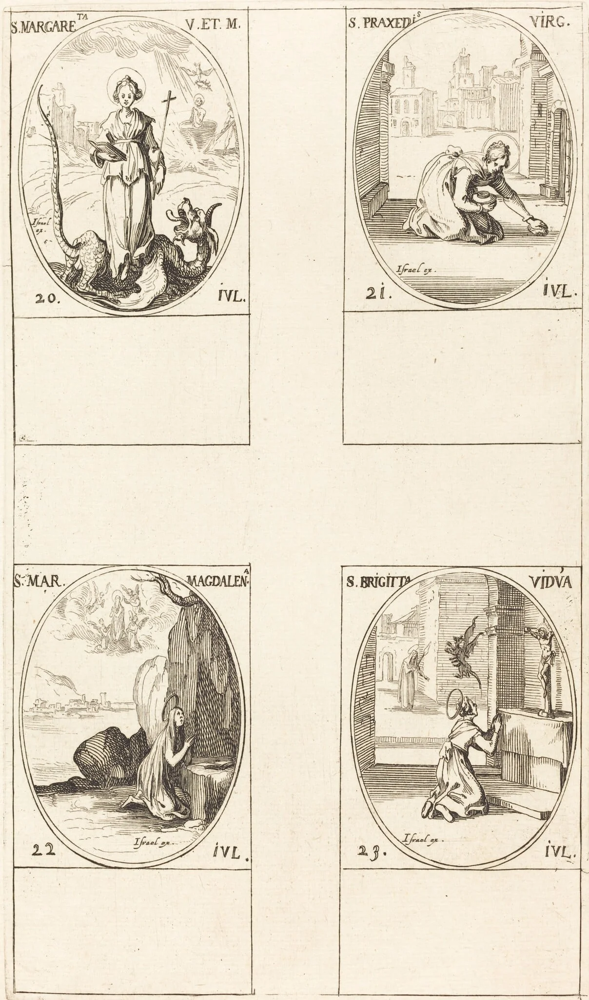 St. Margaret of Antioch; St. Praxedes; St. Mary Magdalene; St. Bridget of Sweden, by Jacques Callot, ink, 1634