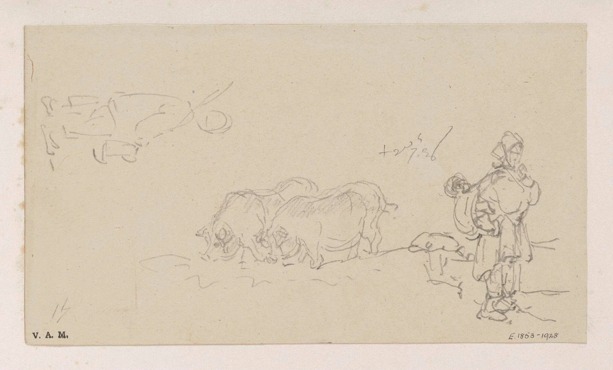 A boatwoman and child, two pigs, and a figure in outline