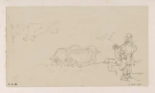 A boatwoman and child, two pigs, and a figure in outline