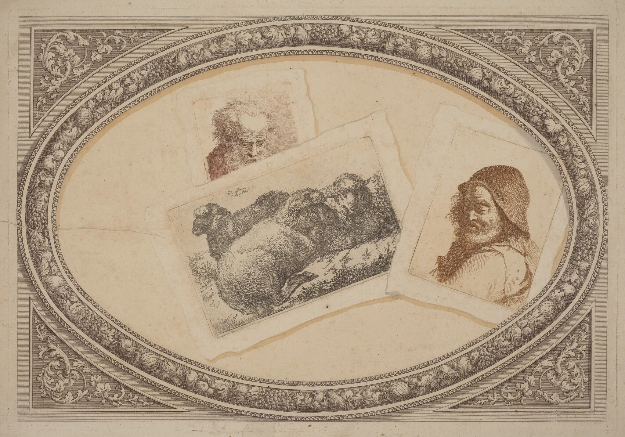 Trompe l'Oeil: Prints with Men and Sheep, Using Original Copperplates, by Milanese 18th Century, watercolor, 1790