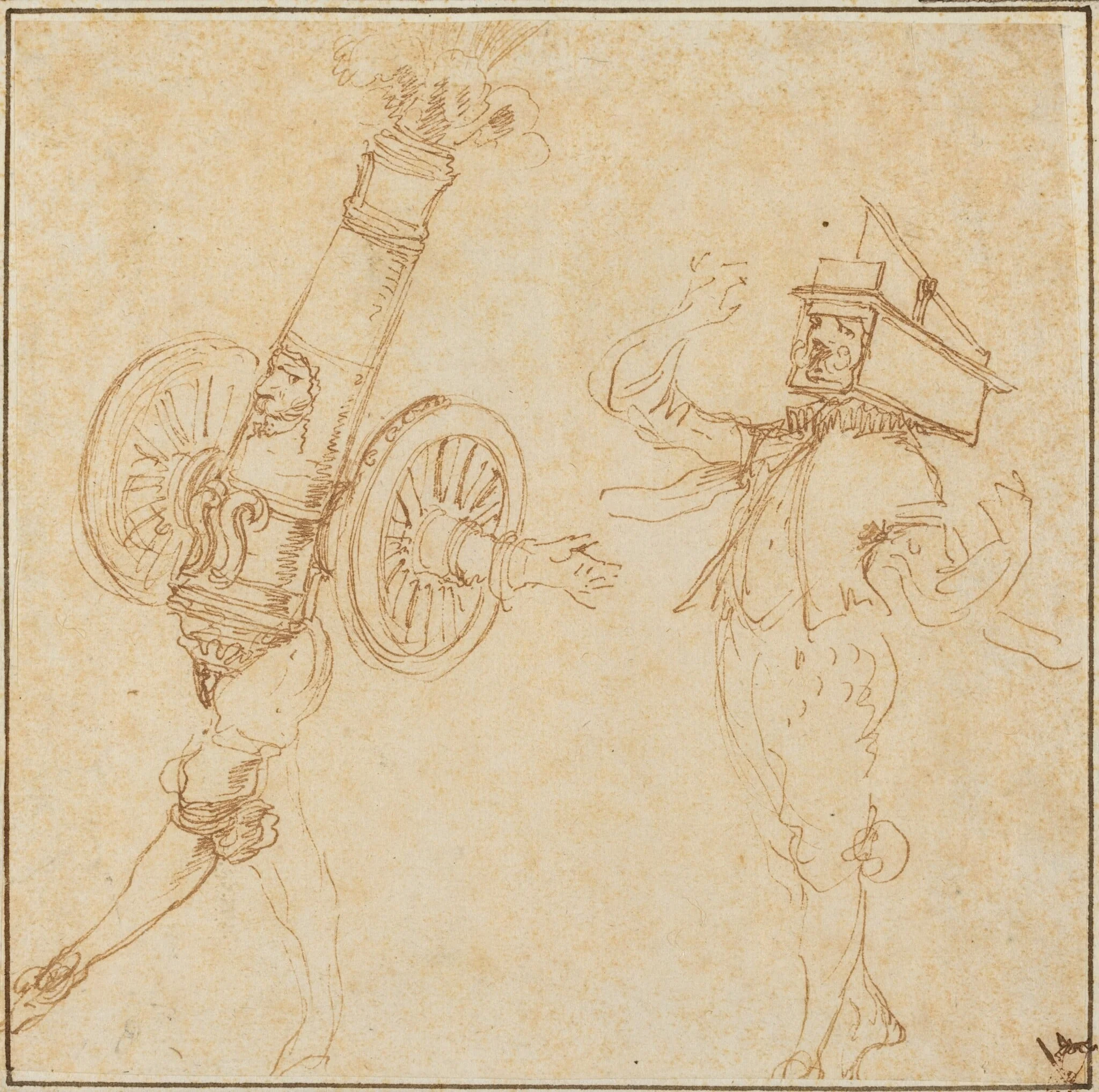 Two Men in Masquerade Costumes: A Cannon Firing and a Cat Inside a Mousetrap, by Stefano Della Bella, ink, 1645