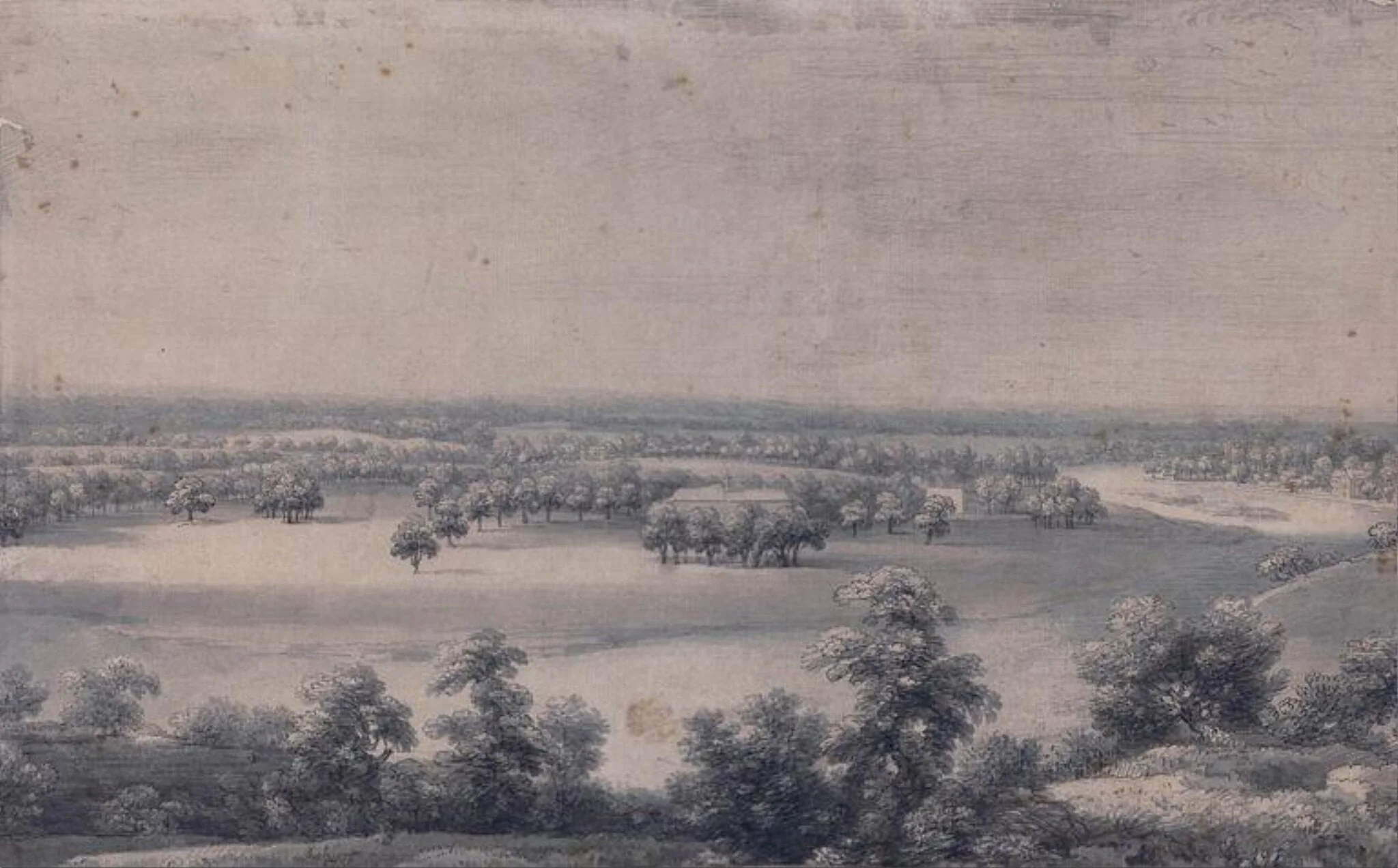 A View from the Summer House on Richmond Park down the river Thames, by Unknown, watercolor, 1750