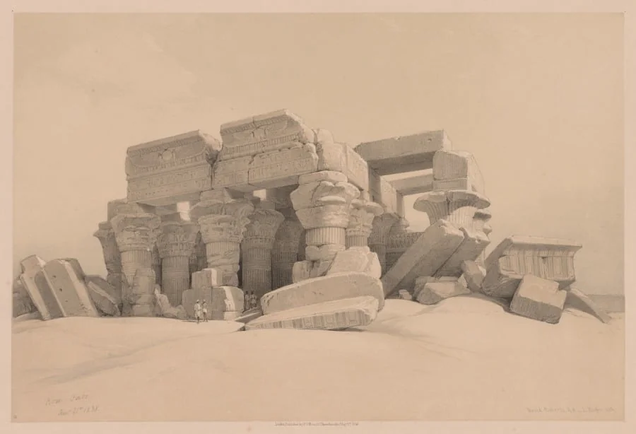 Egypt and Nubia:  Volume I - No. 1, No. 2, Remains of the Portico of the Temple of Kom Ombo, by Louis Haghe, 1838