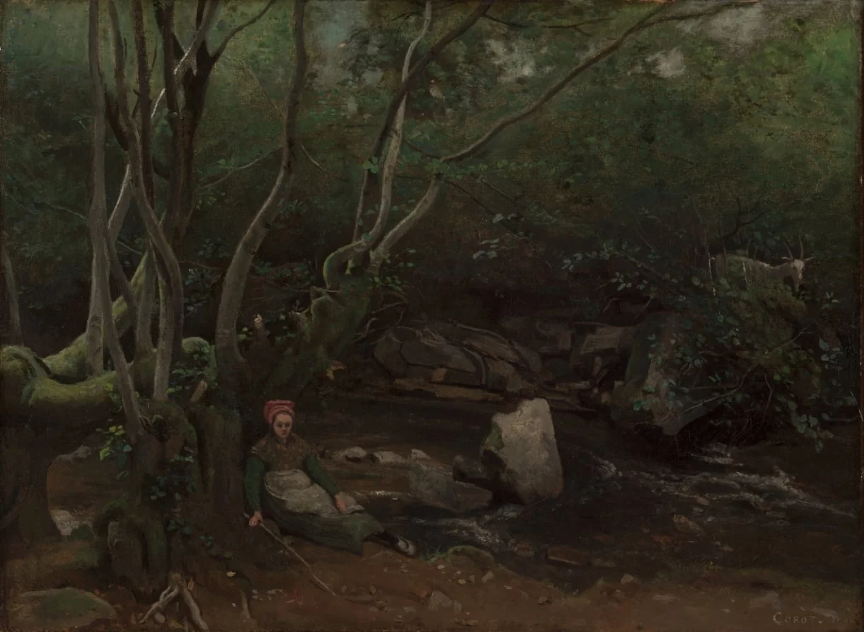 Lormes:  Goat-Girl Sitting Beside a Stream in a Forest, by Jean Baptiste Camille Corot, unspecified, 1842