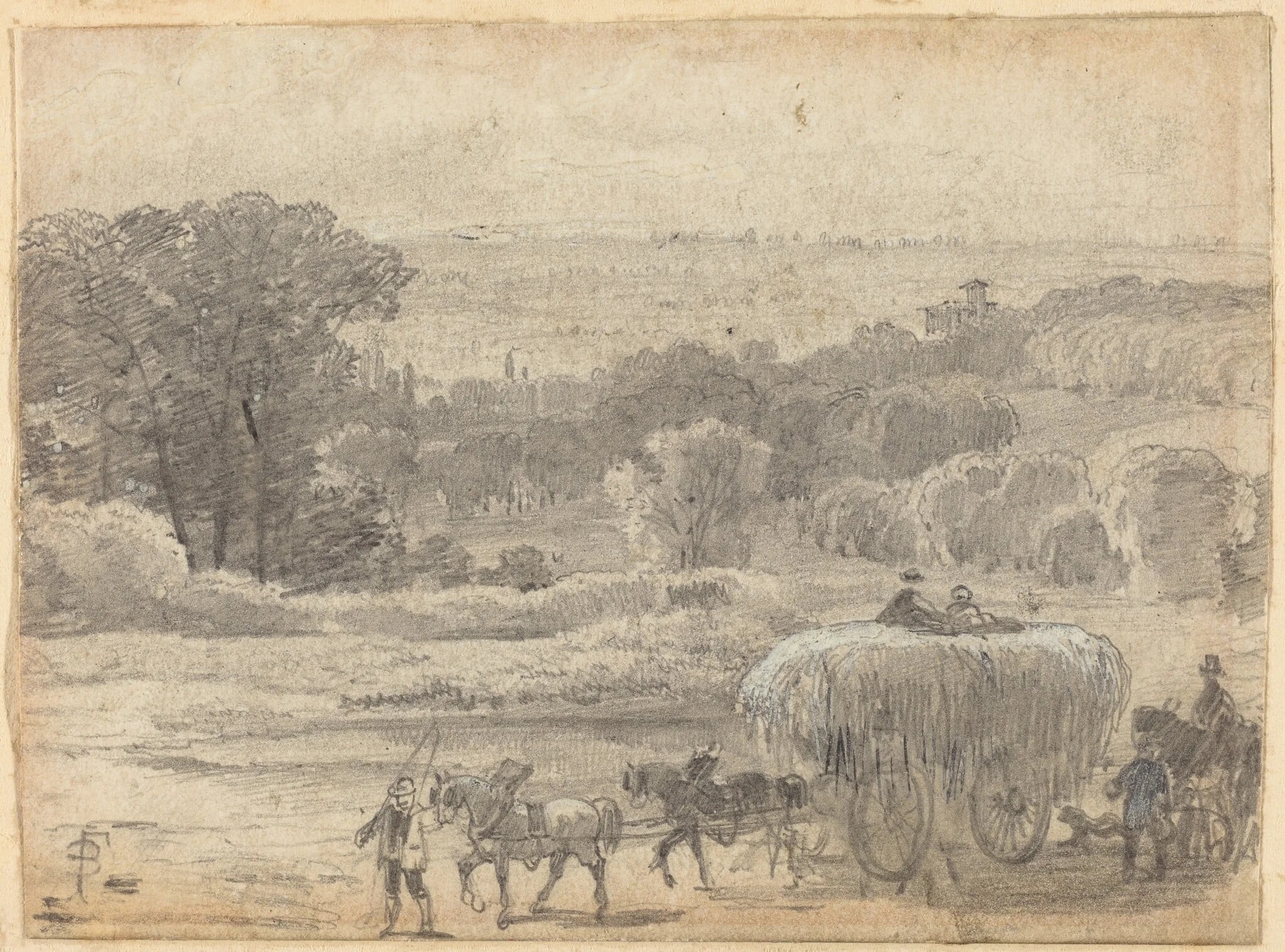 An Evening Landscape with a Hay Wagon, by Myles Birket Foster, ink, 1862