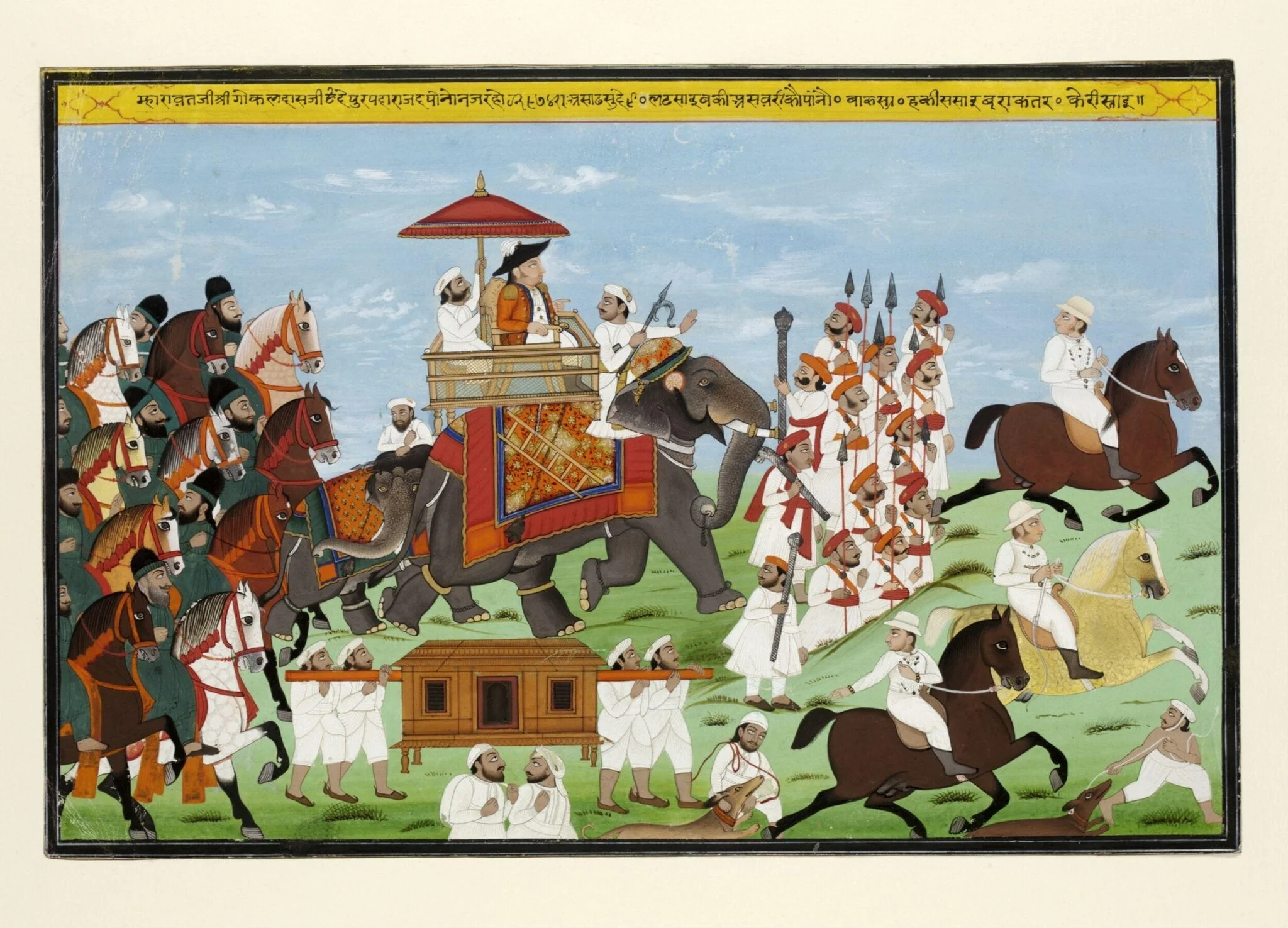 Captain James Tod riding an elephant with his companions and escort, by Unknown, paint, 1820