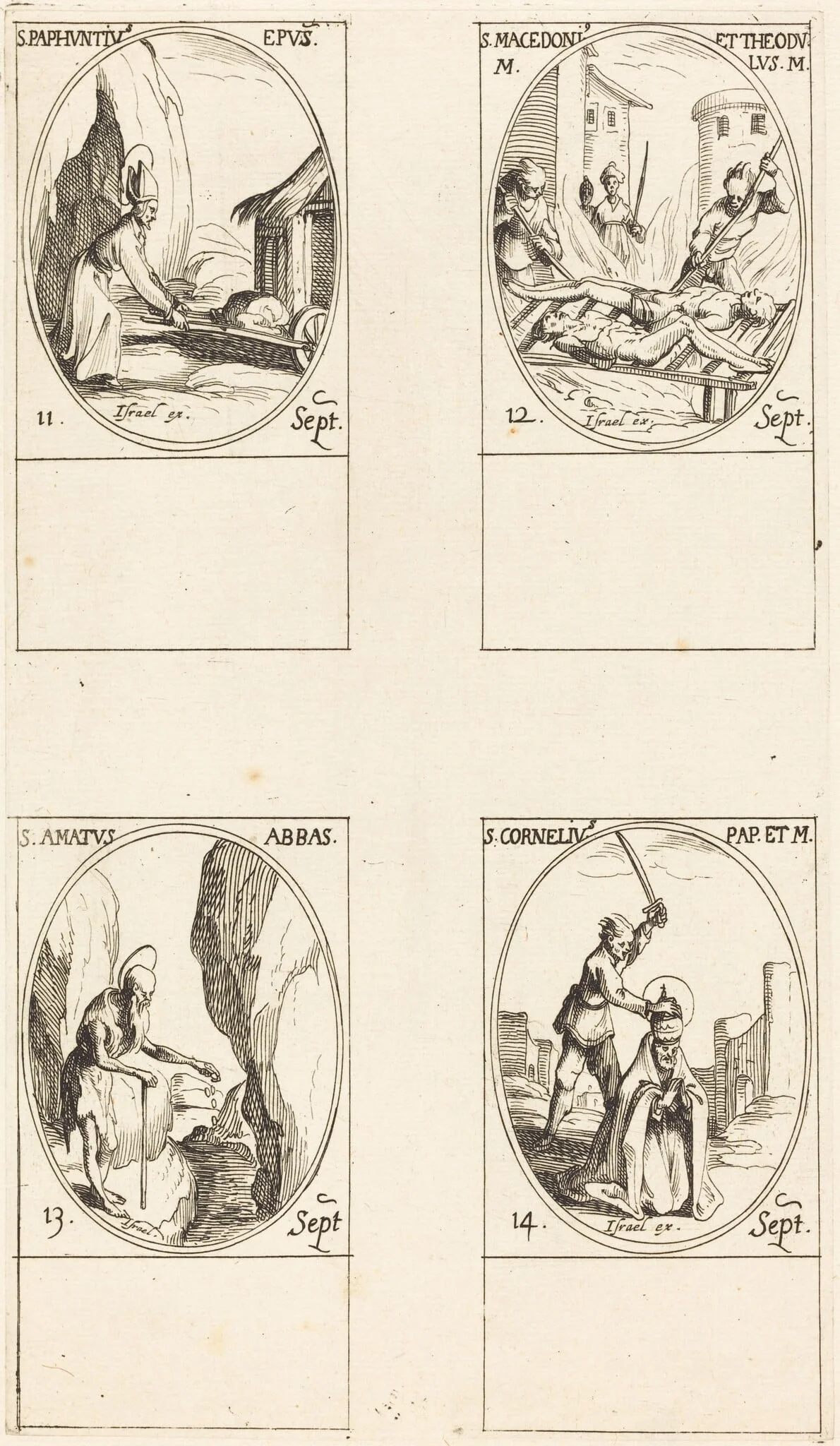St. Paphnutius; Sts. Macedonius and Theodulus; St. Amatus; St. Cornelias, by Jacques Callot, ink, 1634