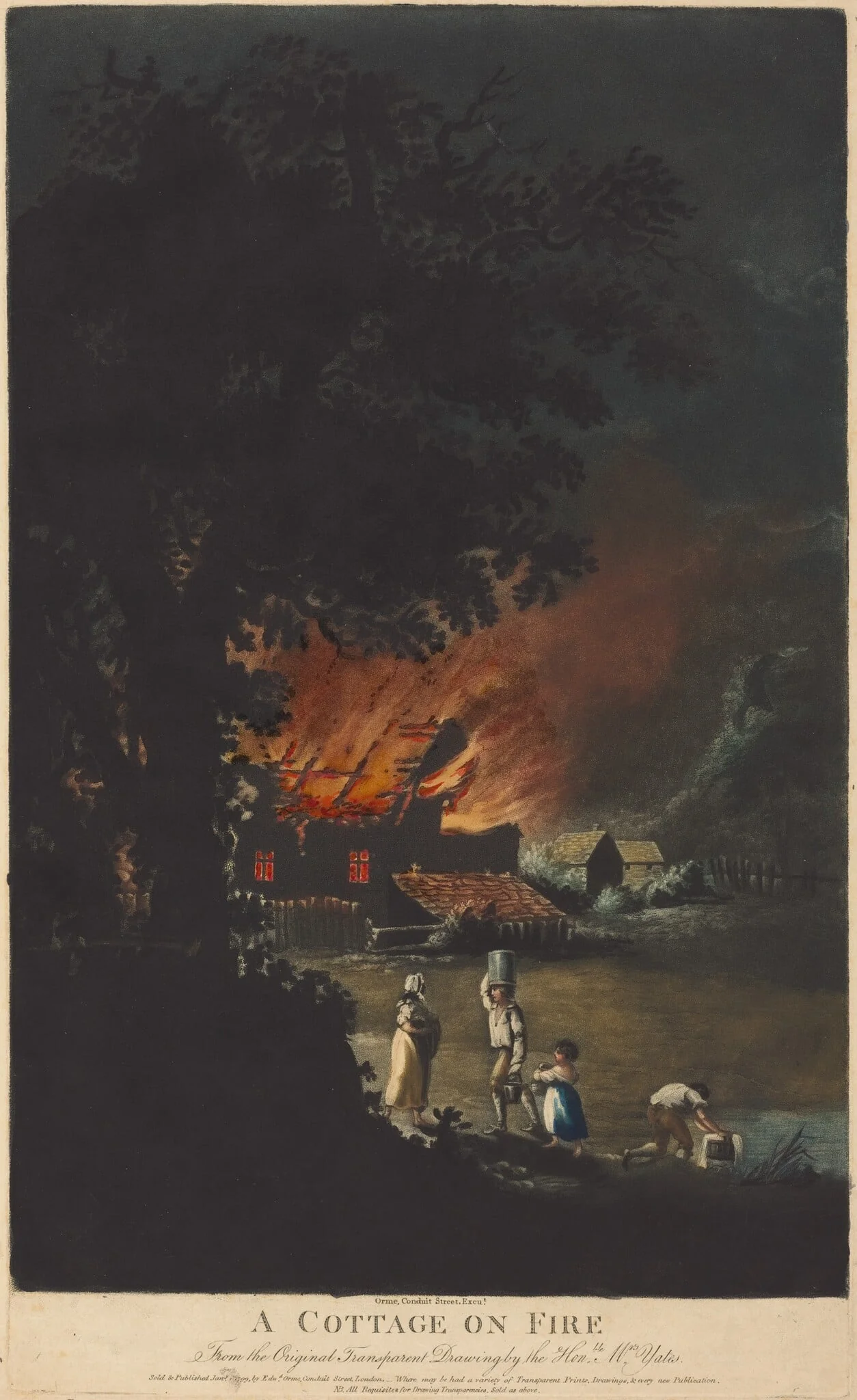 A Cottage on Fire, by Charles Turner, ink, 1799